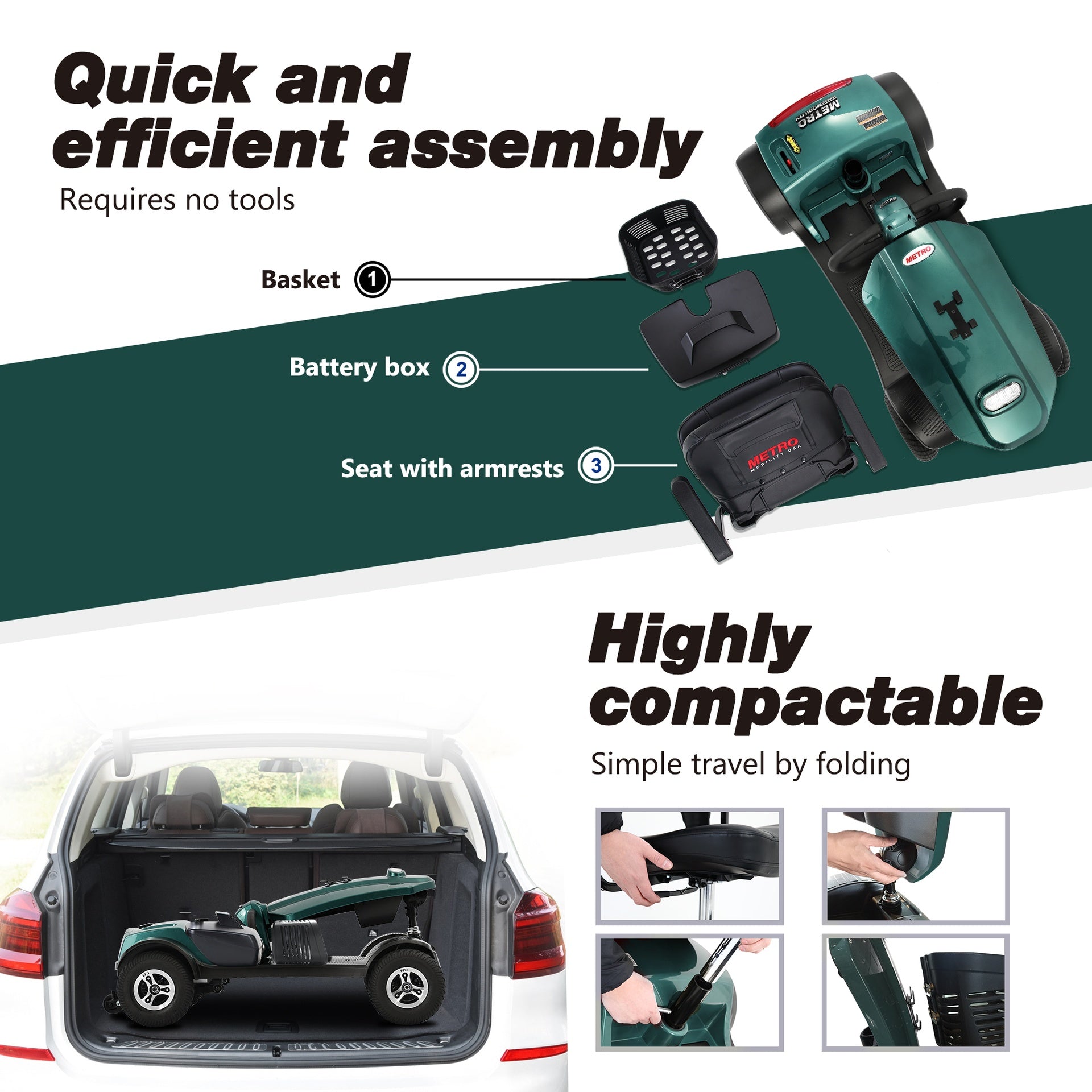 MAX PLUS EMERALD Wheels Outdoor Compact Mobility Scooter with 2pcs*20AH Lead acid Battery, 16 Miles, Cup Holders & USB charger Port