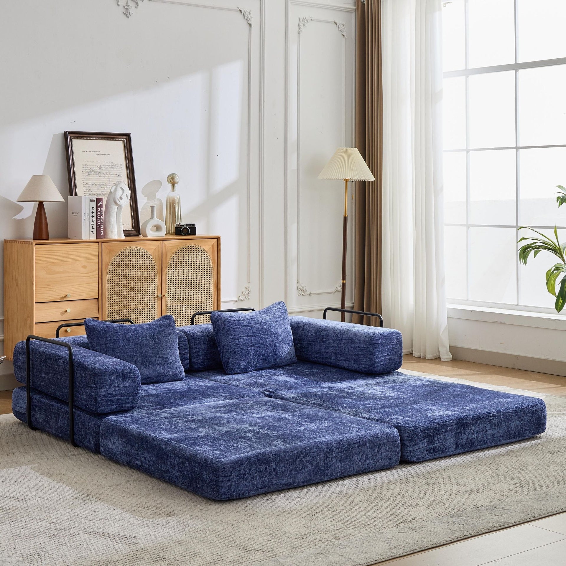 Compression Sofa,Convertible Floor Sofa Bed with Fixed-Shape Frame, Loveseats Boneless Modular Sectional Sofa,No Assembly Required,Chenille fabric,for Living Room Bedroom,Dark Blue