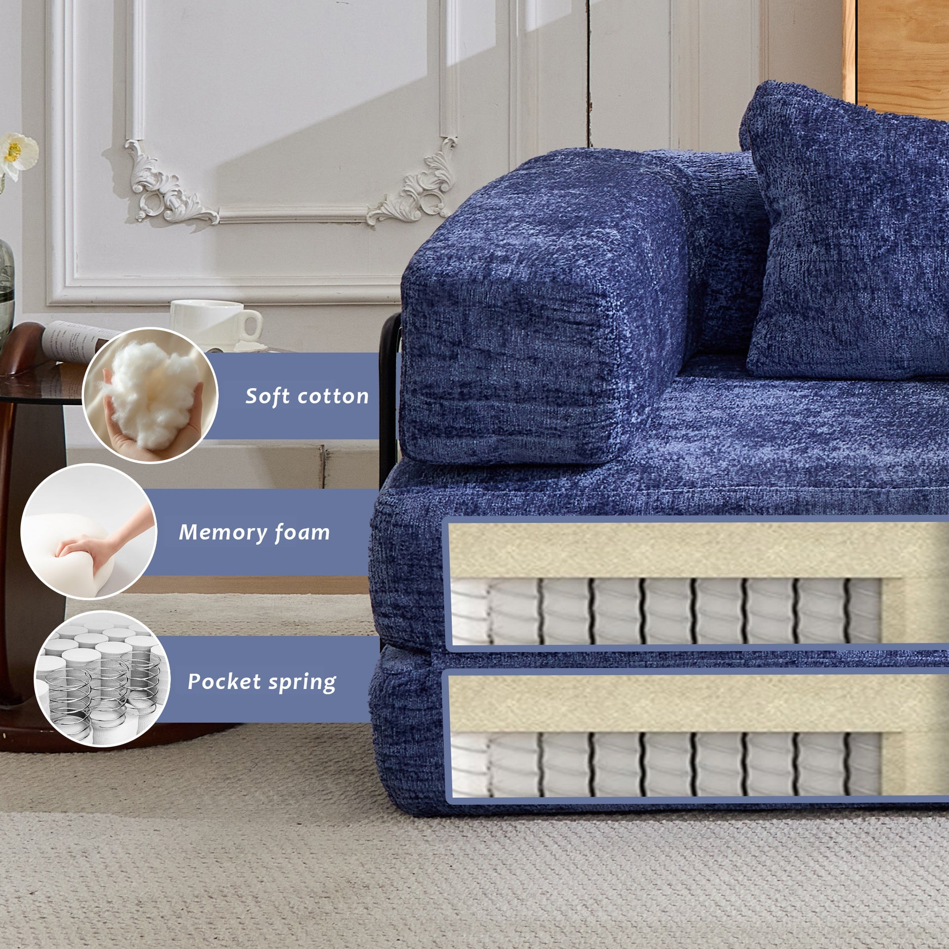 Compression Sofa,Convertible Floor Sofa Bed with Fixed-Shape Frame, Loveseats Boneless Modular Sectional Sofa,No Assembly Required,Chenille fabric,for Living Room Bedroom,Dark Blue