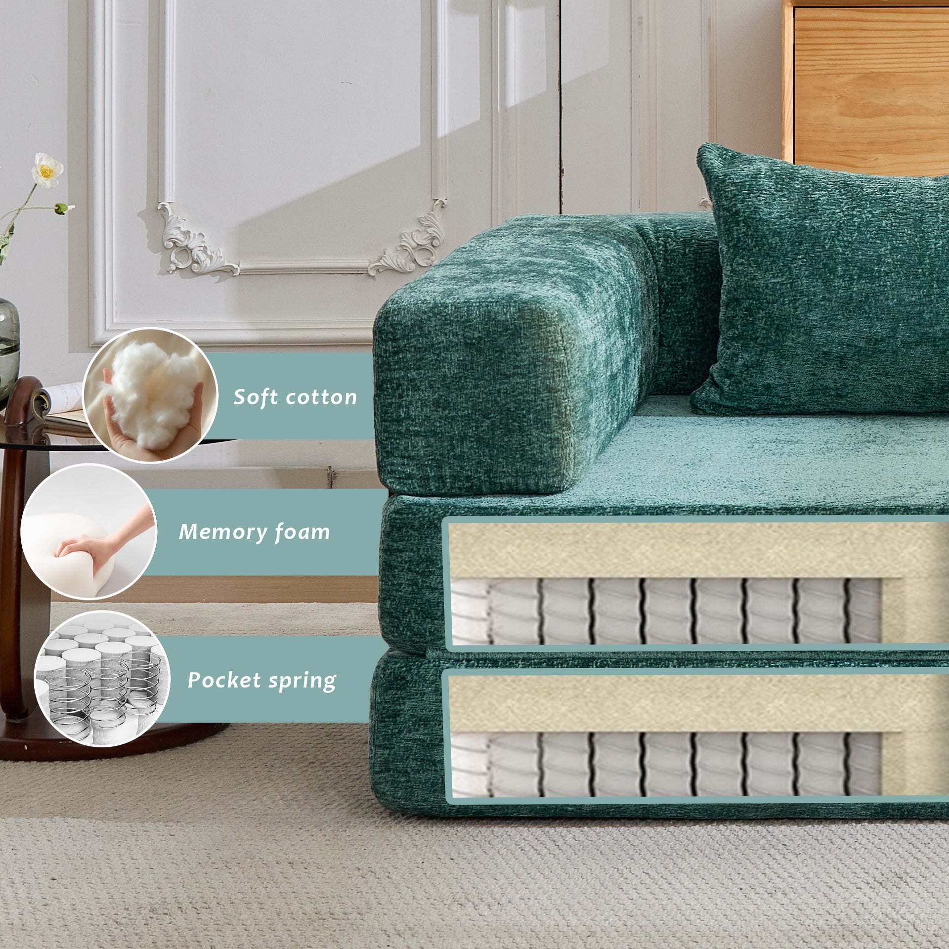 Compression Sofa,Convertible Floor Sofa Bed with Fixed-Shape Frame, Loveseats Boneless Modular Sectional Sofa,No Assembly Required,Chenille fabric,for Living Room Bedroom,Dark Green