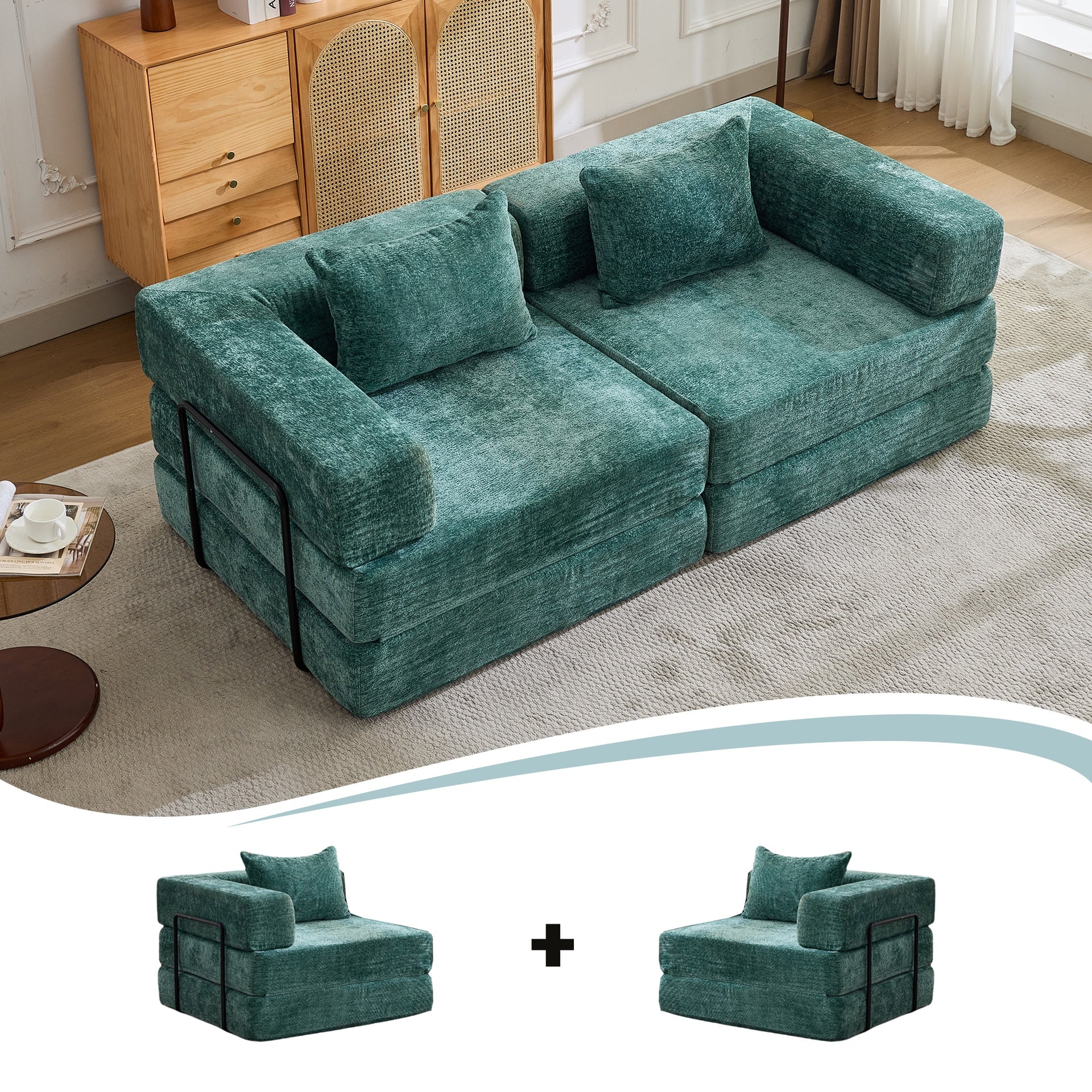 Compression Sofa,Convertible Floor Sofa Bed with Fixed-Shape Frame, Loveseats Boneless Modular Sectional Sofa,No Assembly Required,Chenille fabric,for Living Room Bedroom,Dark Green