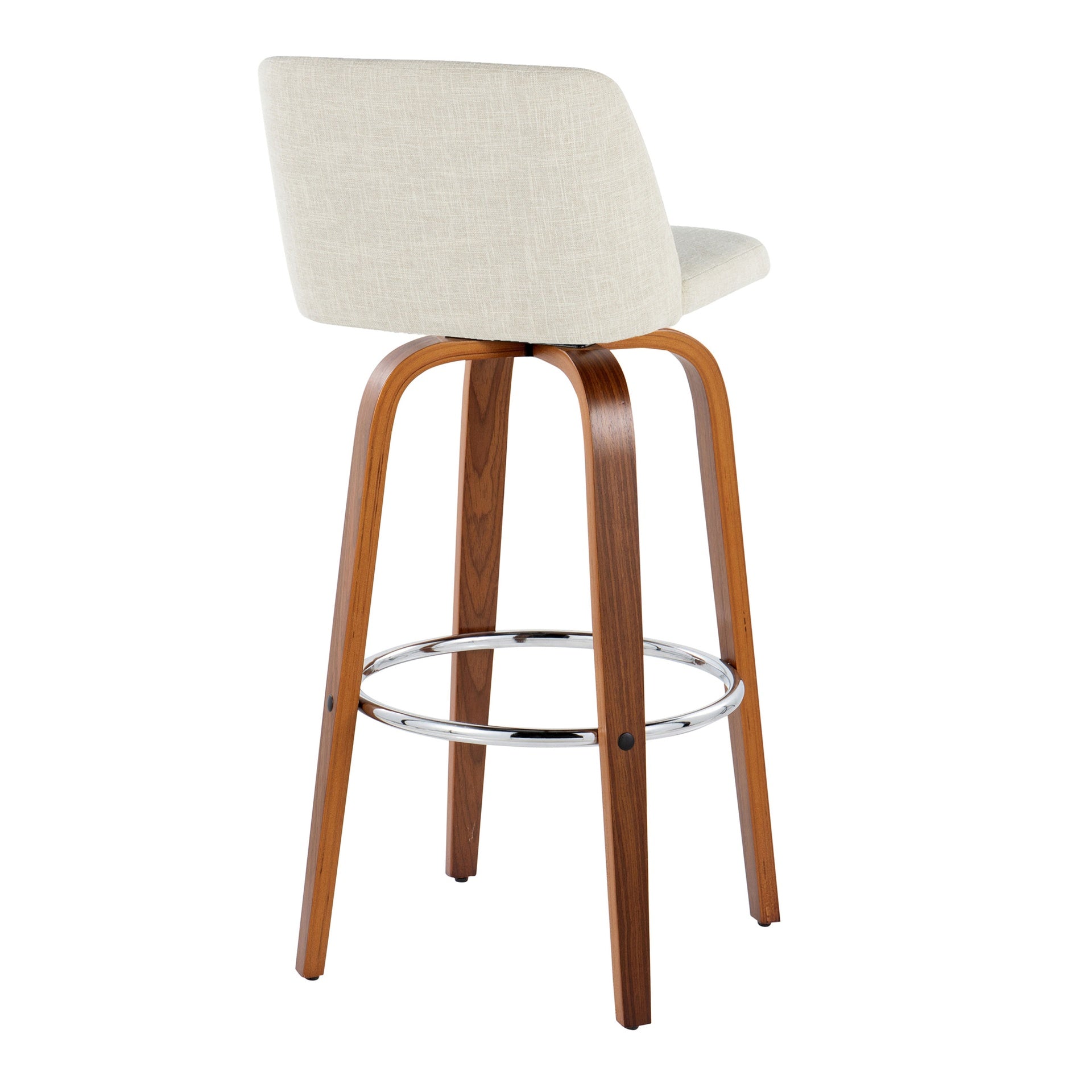 Toriano 30" Mid-Century Modern Fixed-Height Barstool with Swivel in Walnut Wood and Cream Fabric with Round Chrome Metal Footrest by LumiSource - Set of 2