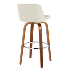 Toriano 30" Mid-Century Modern Fixed-Height Barstool with Swivel in Walnut Wood and Cream Fabric with Round Chrome Metal Footrest by LumiSource - Set of 2