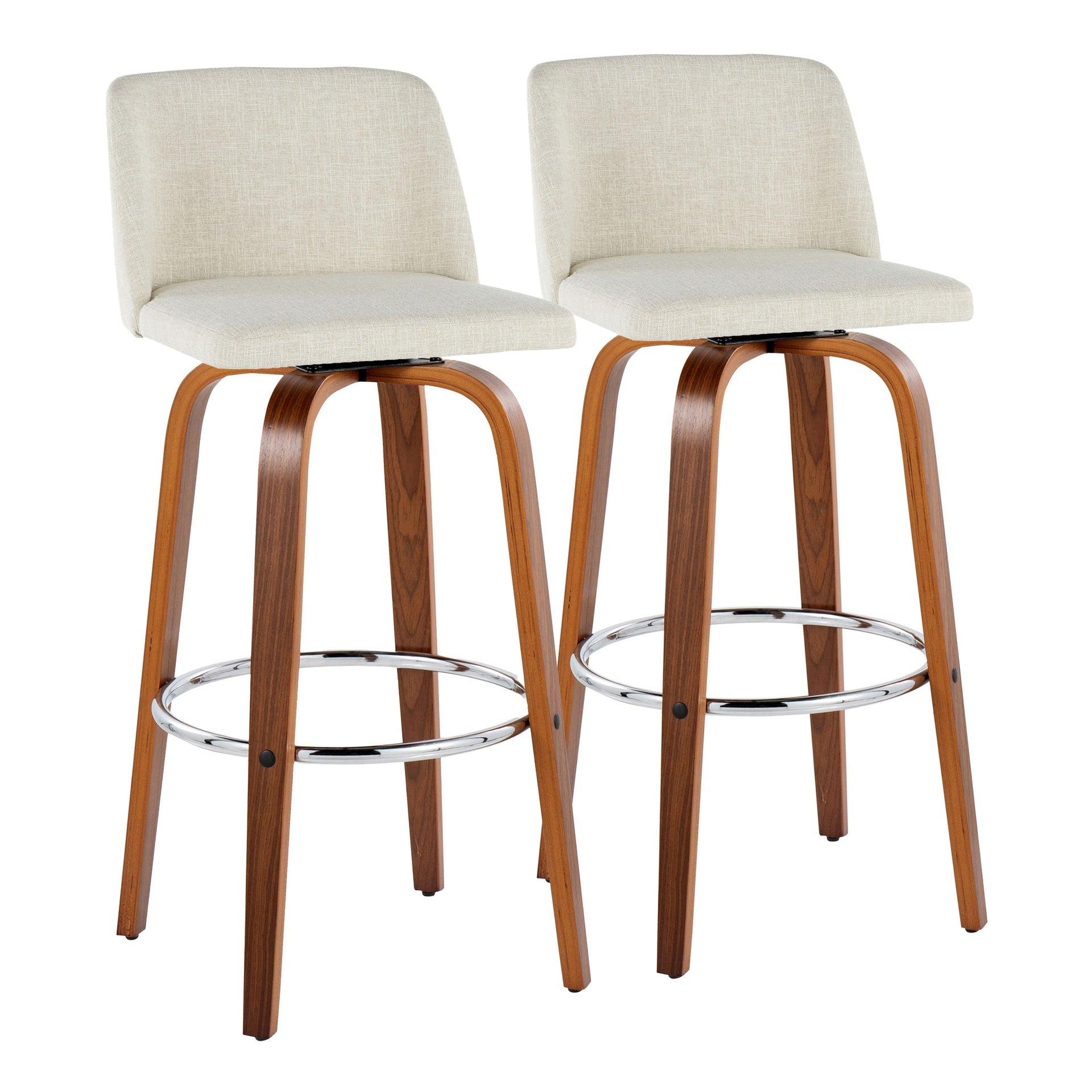 Toriano 30" Mid-Century Modern Fixed-Height Barstool with Swivel in Walnut Wood and Cream Fabric with Round Chrome Metal Footrest by LumiSource - Set of 2