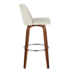 Toriano 30" Mid-Century Modern Fixed-Height Barstool with Swivel in Walnut Wood and Cream Fabric with Round Chrome Metal Footrest by LumiSource - Set of 2