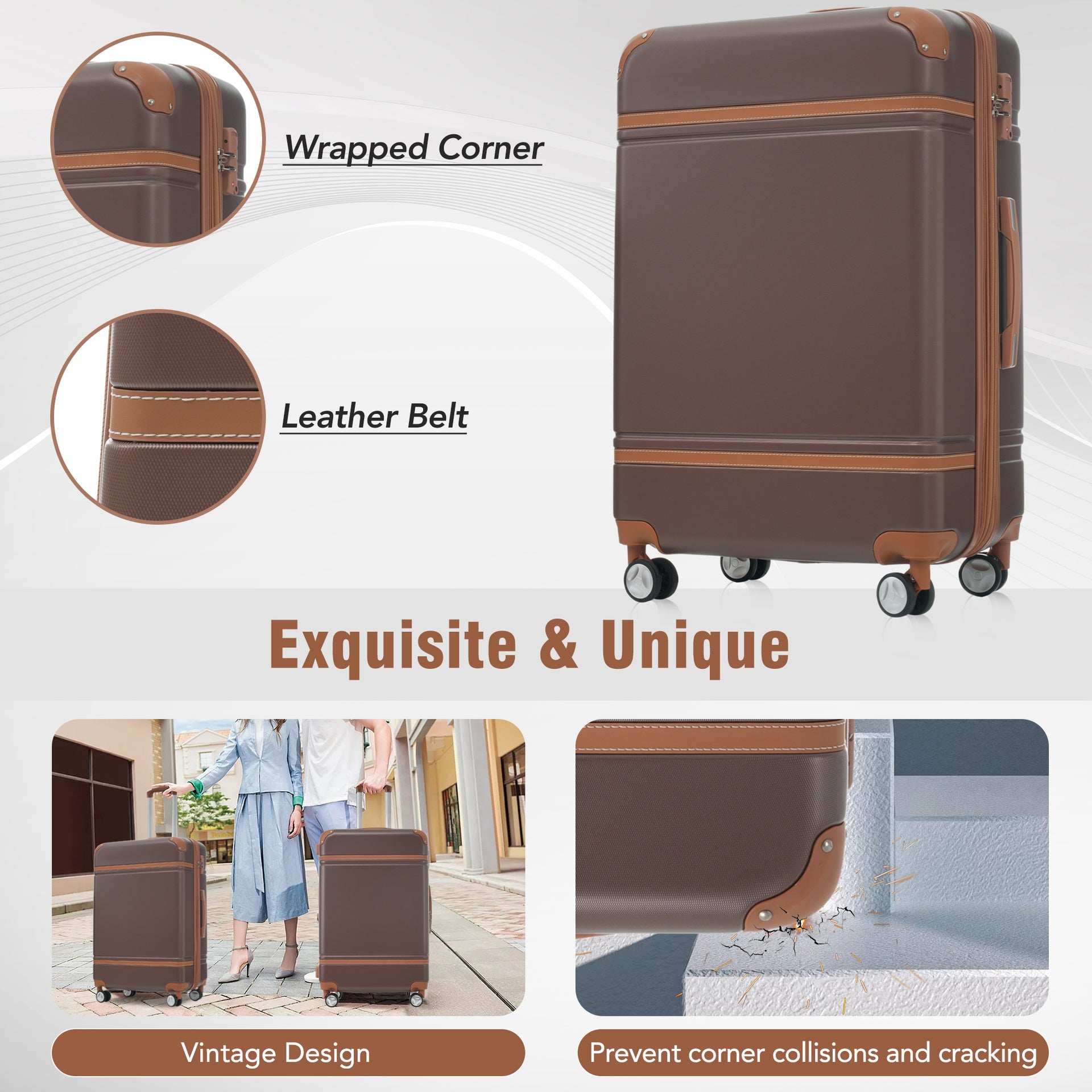 Hardshell Luggage Sets 3 Pieces 20"+24" Luggages and Cosmetic Case Spinner Suitcase with TSA Lock Lightweight,Brown
