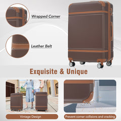 Hardshell Luggage Sets 3 Pieces 20"+24" Luggages and Cosmetic Case Spinner Suitcase with TSA Lock Lightweight,Brown
