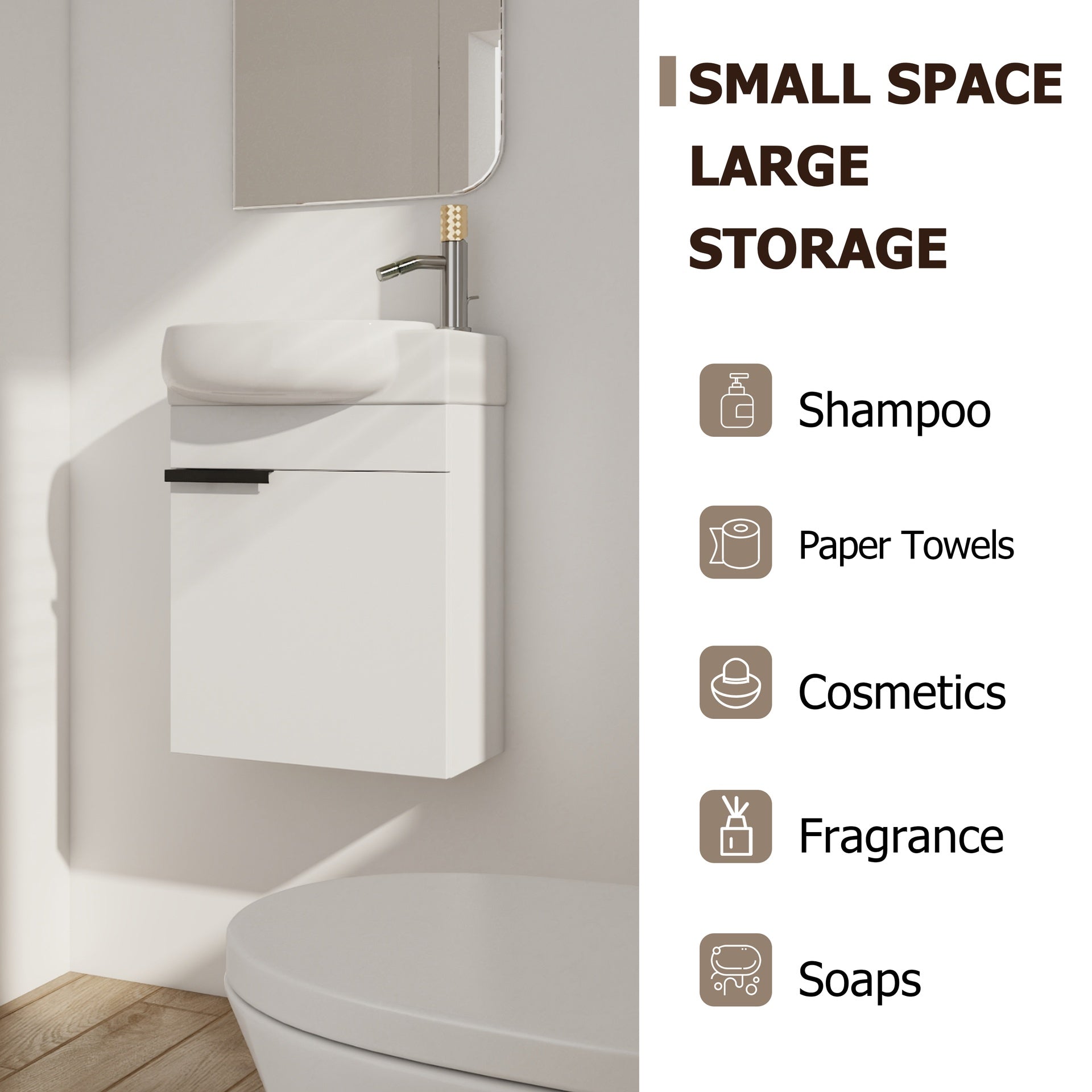 Soft Close Doors Bathroom Vanity With Sink and Storage Rack,16 Inch  For Small Bathroom