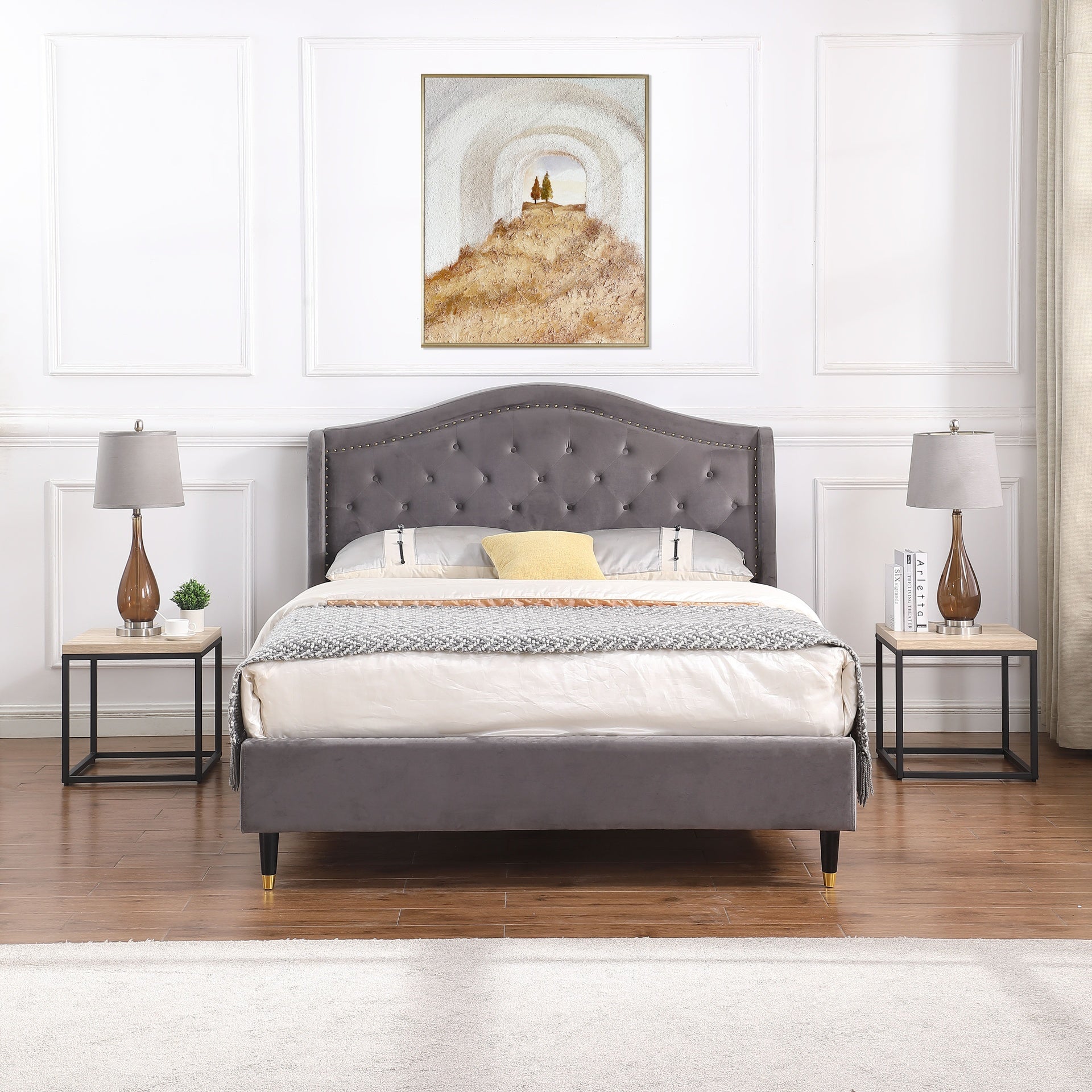 End Table Side Table,Set of 2 End Table,Rectangular Wood and Metal Nightstand,CoffeeTable,Storage Small End Table, for Living Room Bedroom,Natural Oak