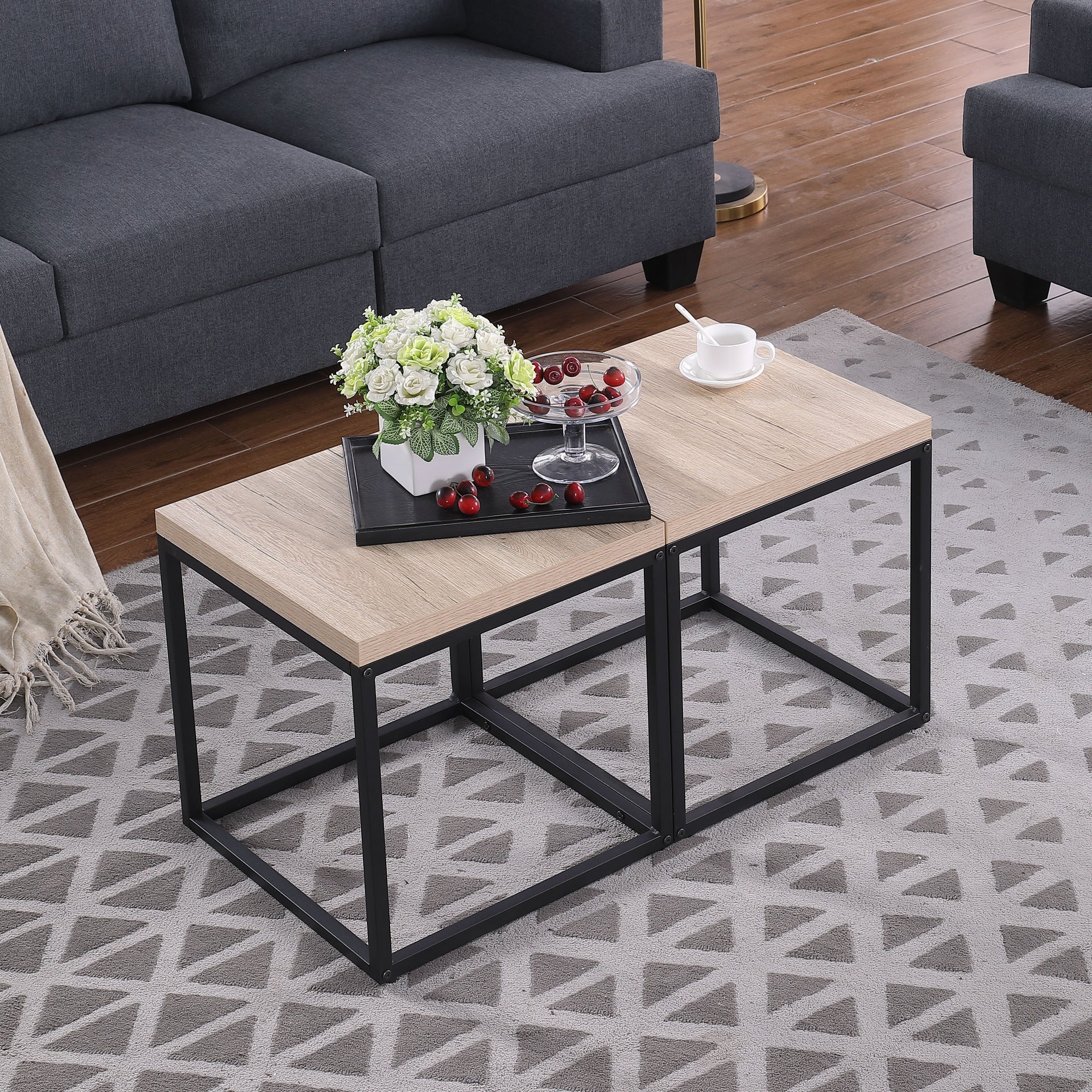 End Table Side Table,Set of 2 End Table,Rectangular Wood and Metal Nightstand,CoffeeTable,Storage Small End Table, for Living Room Bedroom,Natural Oak