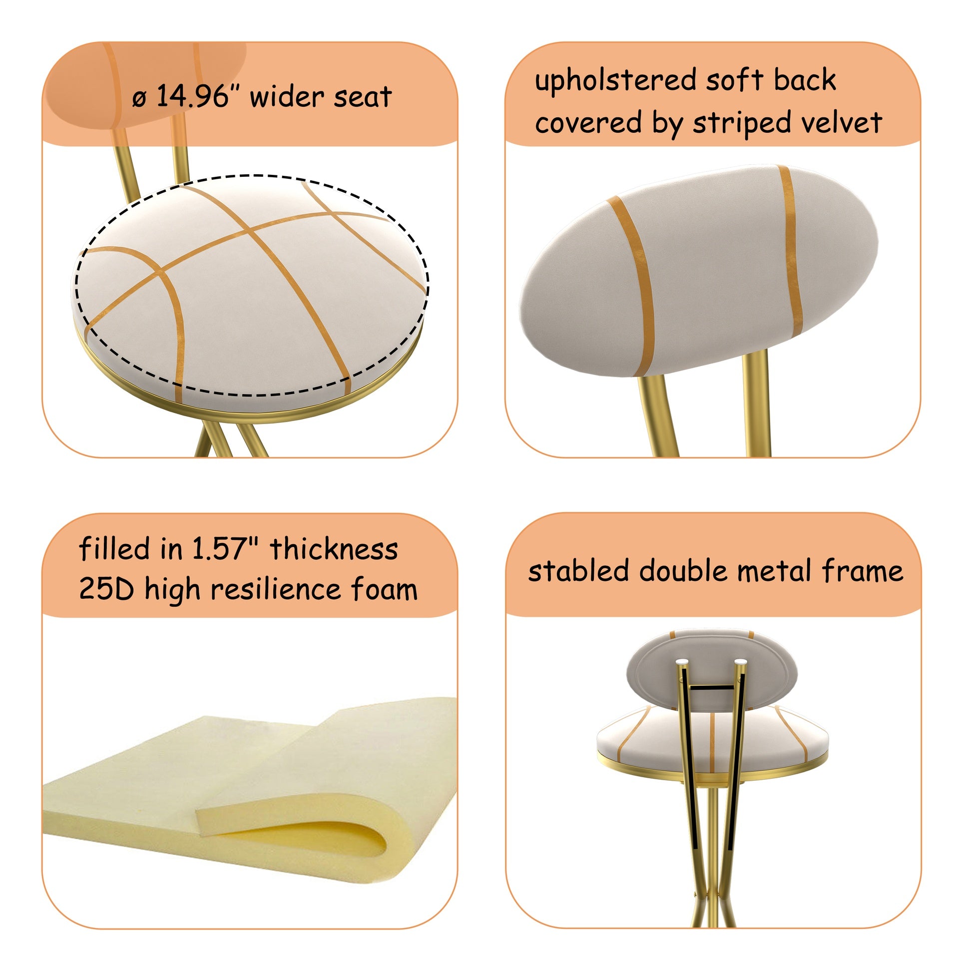 Round Bar Stools S-shaped Stripe Kitchen Stool Set of 2 Modern Velvet Upholstered Counter Chair for Dining Room (Gold & Stripe)
