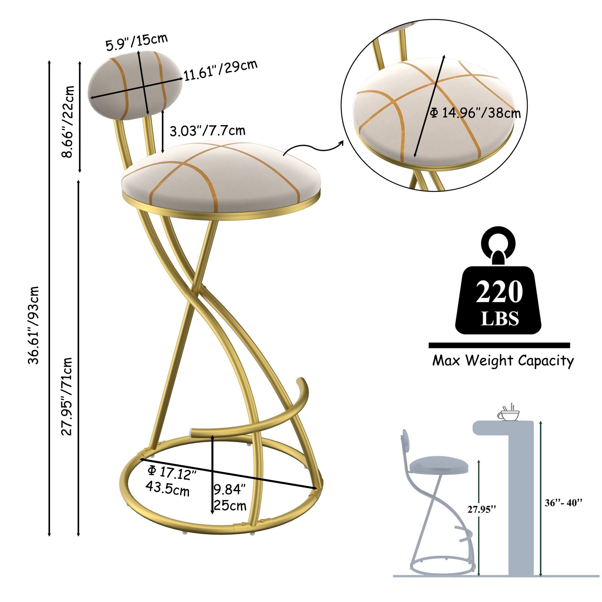 Round Bar Stools S-shaped Stripe Kitchen Stool Set of 2 Modern Velvet Upholstered Counter Chair for Dining Room (Gold & Stripe)