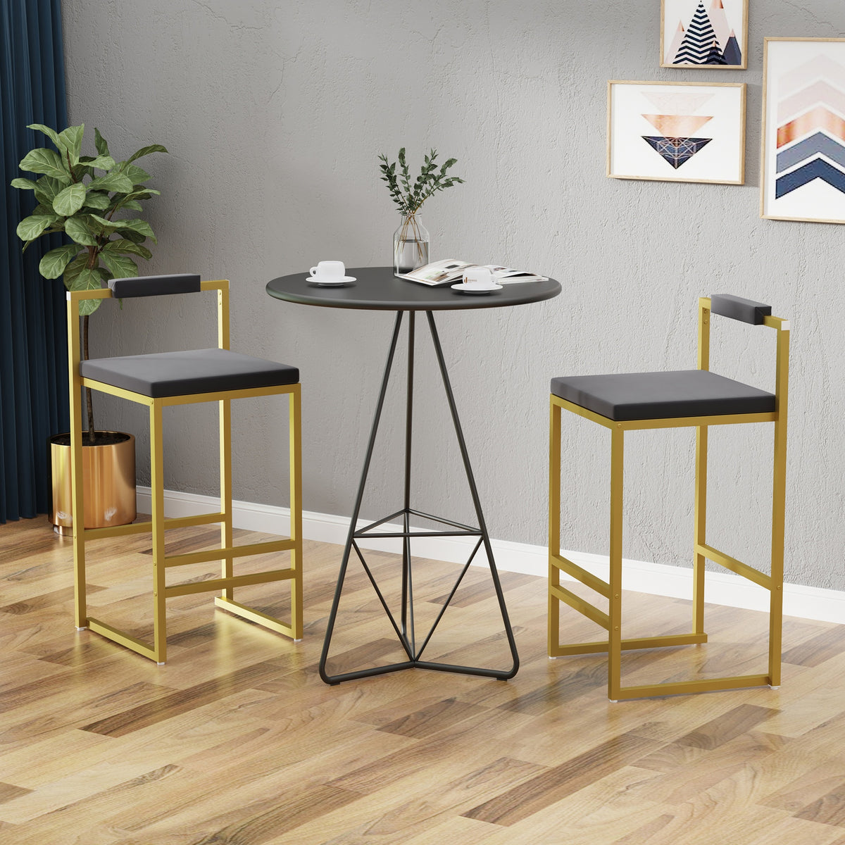 Set of 2 Bar Stools with Backrest & Footrest Counter Height Velvet Upholstered Dining Chairs for Kitchen Island (Gold & Gray)