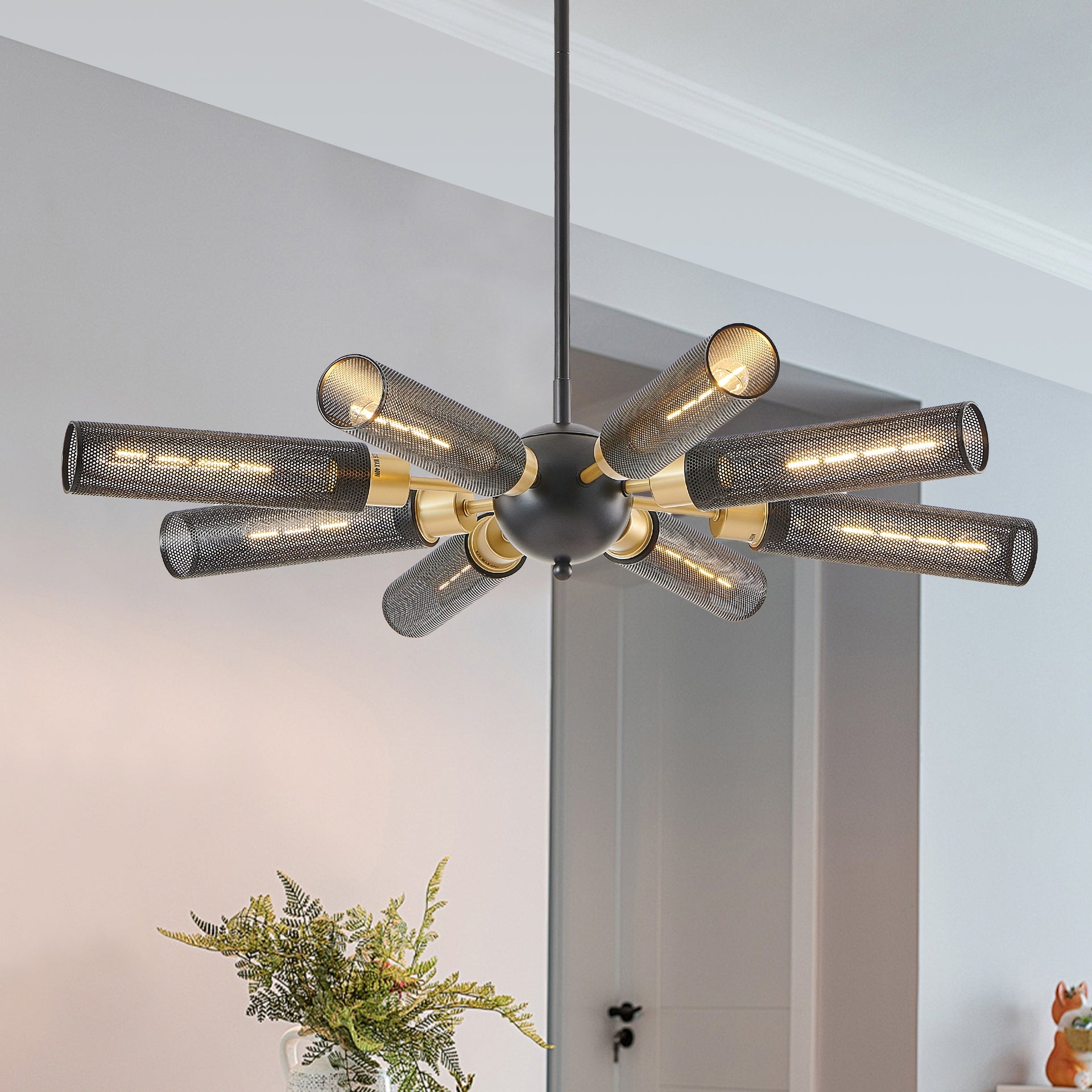 34" Modern Industrial Sputnik Chandelier, 8-Light Black and Gold Metal Pendant Light with Mesh Shades, E26 Base, Adjustable Height for Dining Room, Living Room, or Kitchen Island (Bulb Not Included)