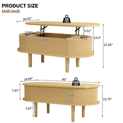 Fluted Lift Top Coffee Table with Hidden Compartment, Wooden Center Table, Modern Oval Lift Tabletop for Home Living Room Office, Natural Color