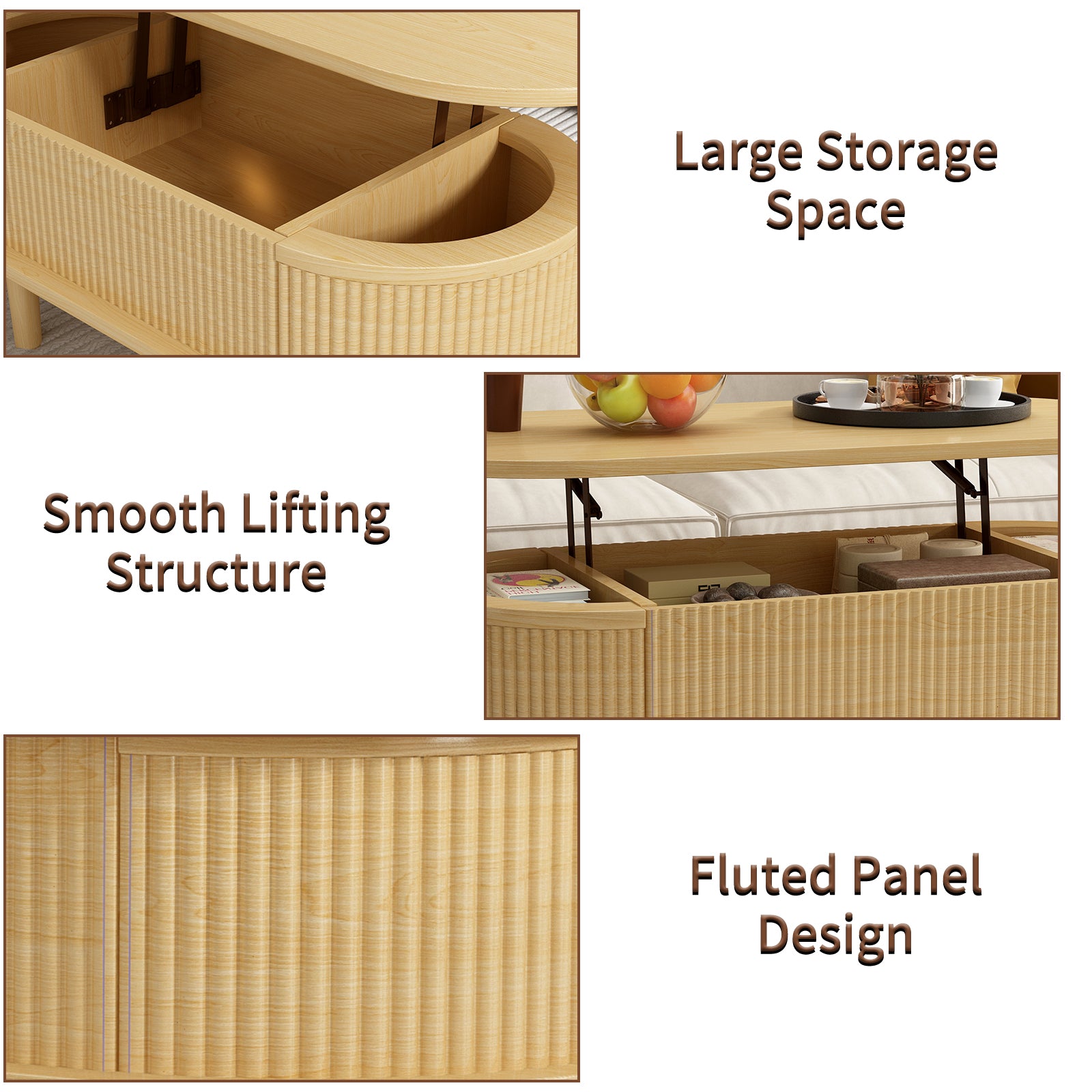Fluted Lift Top Coffee Table with Hidden Compartment, Wooden Center Table, Modern Oval Lift Tabletop for Home Living Room Office, Natural Color