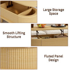 Fluted Lift Top Coffee Table with Hidden Compartment, Wooden Center Table, Modern Oval Lift Tabletop for Home Living Room Office, Natural Color