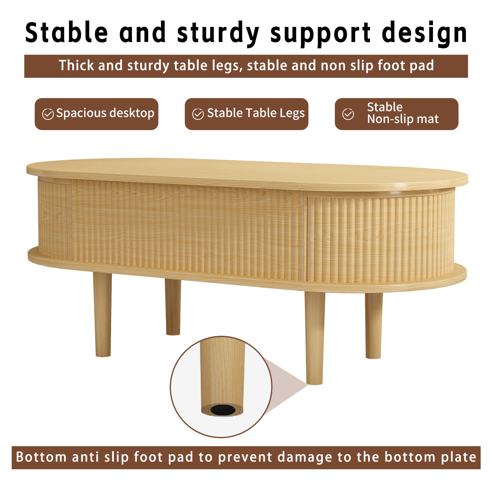 Fluted Lift Top Coffee Table with Hidden Compartment, Wooden Center Table, Modern Oval Lift Tabletop for Home Living Room Office, Natural Color