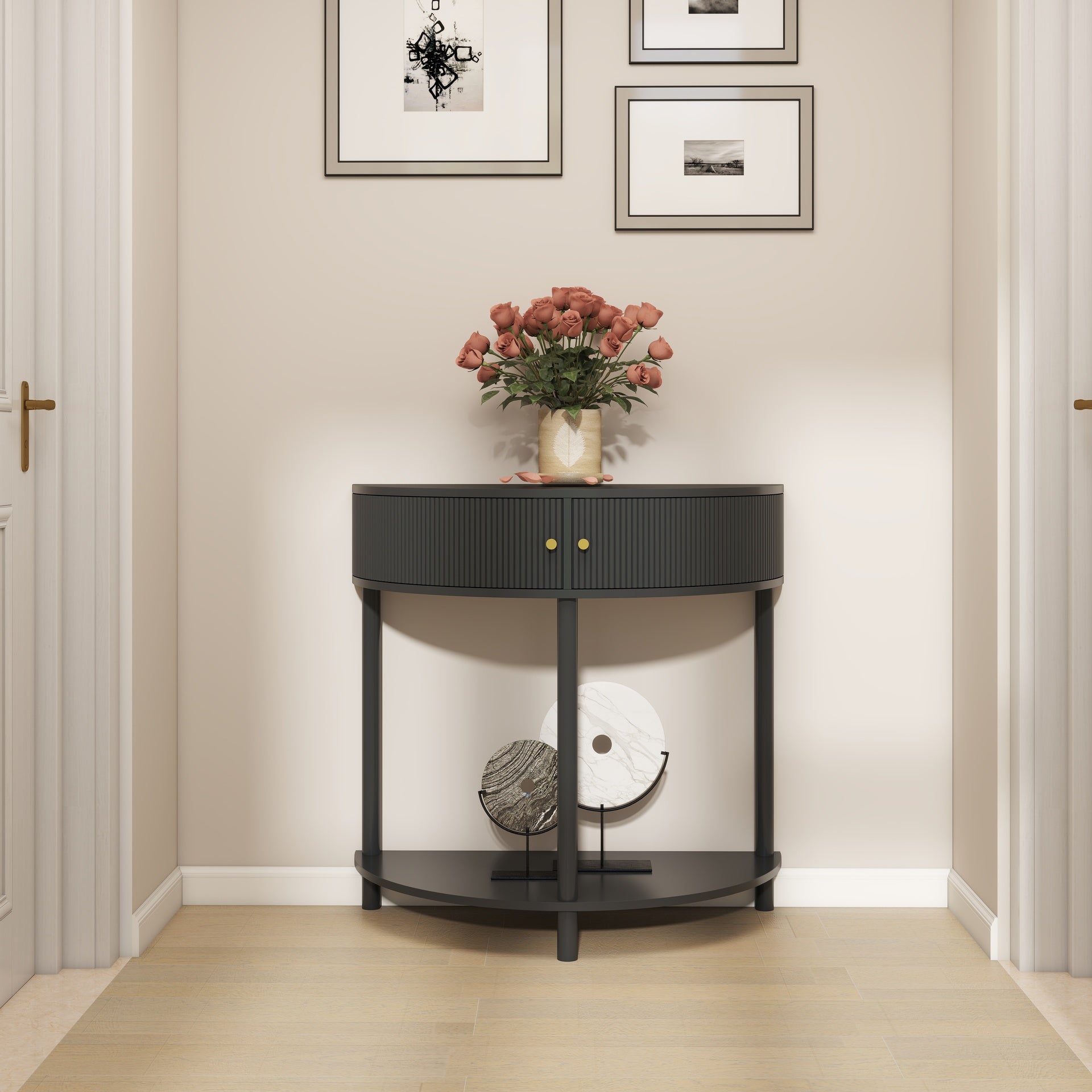 Artisan-Crafted Wave-Pattern Demi-Lune Console Table with Dark Gray Finish,Unique Half Moon Design End Table with 2 Storage Drawers and Bottom Shelf for Living room, Bedroom, Study, Hallway