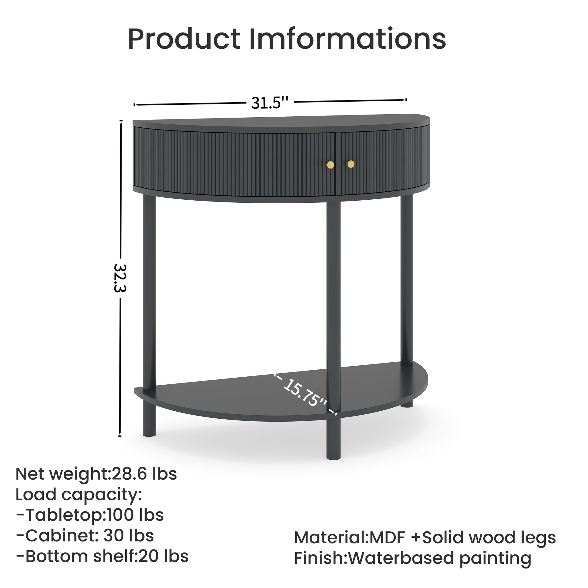 Artisan-Crafted Wave-Pattern Demi-Lune Console Table with Dark Gray Finish,Unique Half Moon Design End Table with 2 Storage Drawers and Bottom Shelf for Living room, Bedroom, Study, Hallway