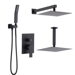10-Inch Ceiling Mount Rainfall Shower System, All-Metal Rain Showerhead with Handheld Sprayer in Mattle Black