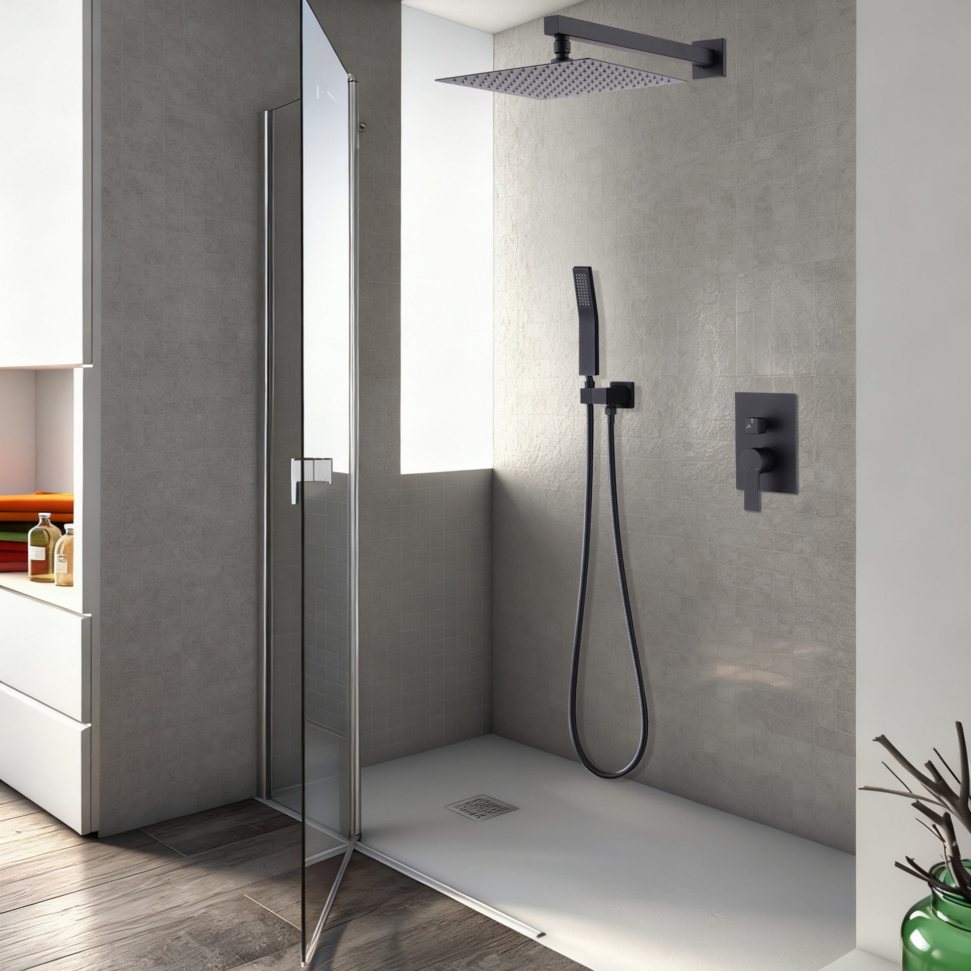 10-Inch Ceiling Mount Rainfall Shower System, All-Metal Rain Showerhead with Handheld Sprayer in Mattle Black