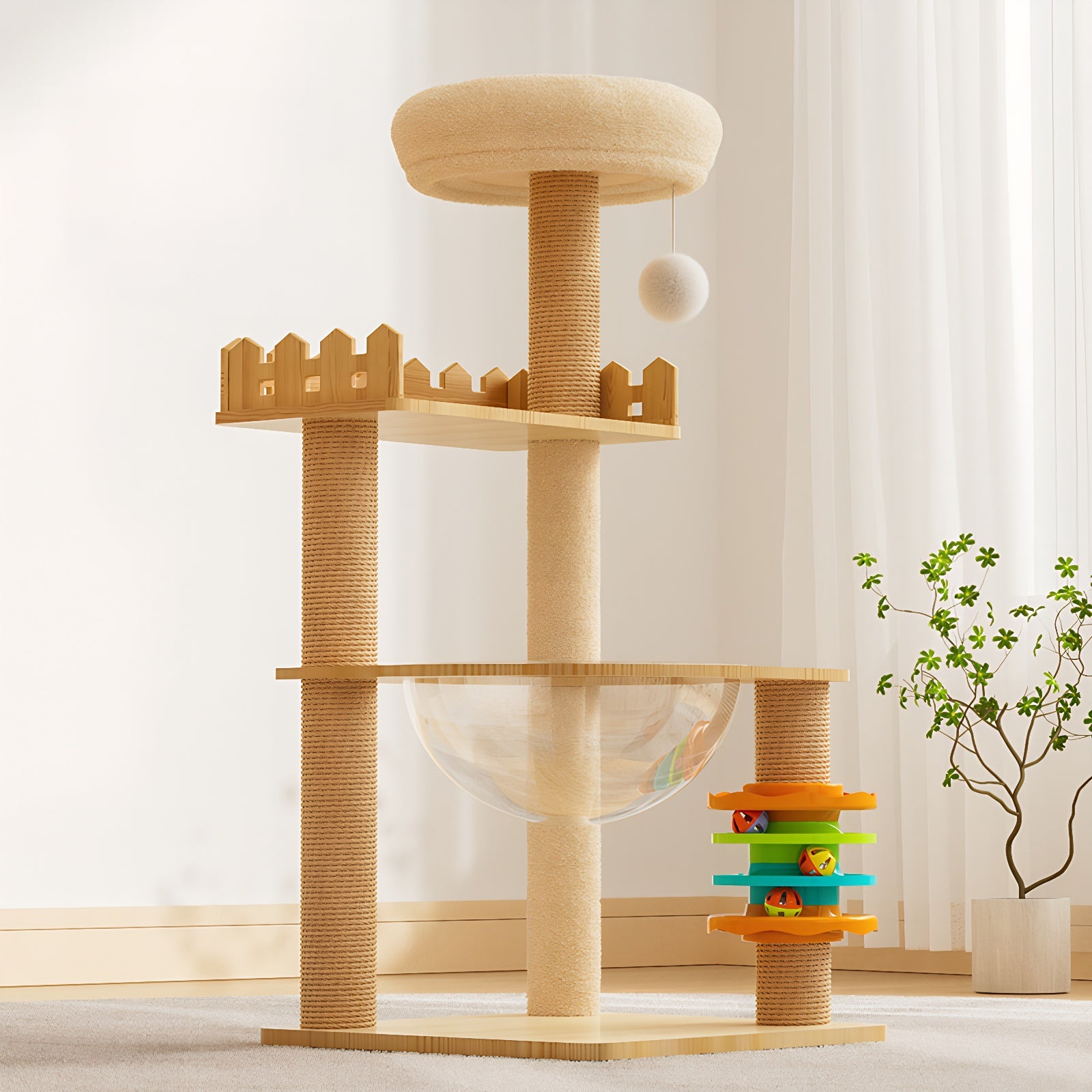 39.3" Modern Cat Tower, Wood Cat Tree Tower for Indoor Cats, Cat Treewith Sisal-Covered Scratching Posts and Top Perch, Cat Condo with Acrylic Hammock and Toys for Small Large Cats