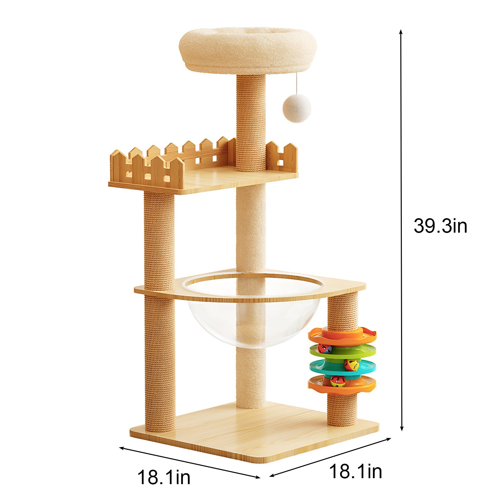 39.3" Modern Cat Tower, Wood Cat Tree Tower for Indoor Cats, Cat Treewith Sisal-Covered Scratching Posts and Top Perch, Cat Condo with Acrylic Hammock and Toys for Small Large Cats