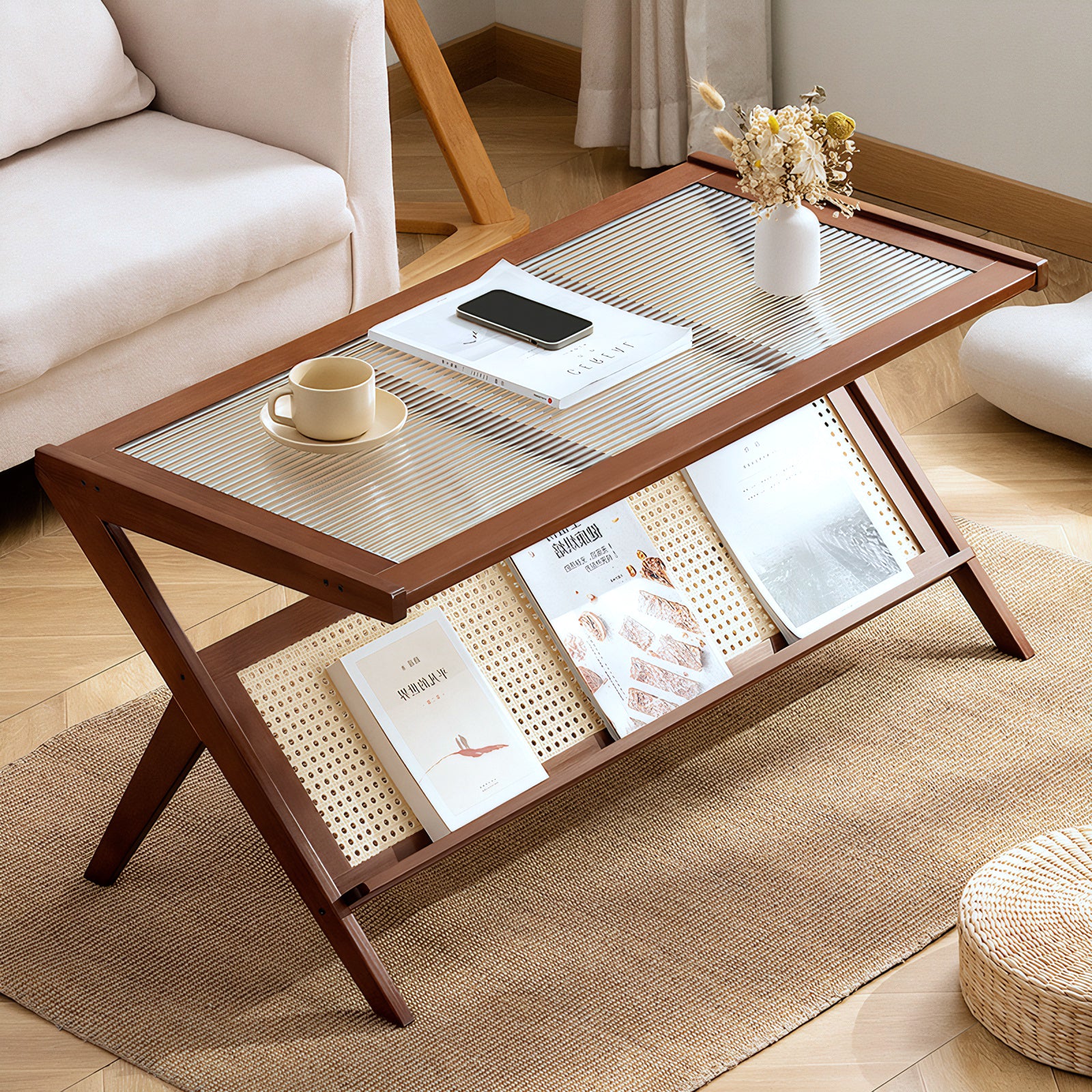 Rattan Coffee Tables for Living Room, Mid Century Modern Coffee Table with Glass Top, Large Boho Center Table with Storage, Brown