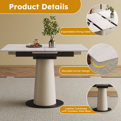 Retractable Rock Slab Folding Dining Table, Modern Square Expandable Table with Leather-Wrapped Stainless Steel Base, Dual-Purpose Space Saving Kitchen Table for Small Apartments