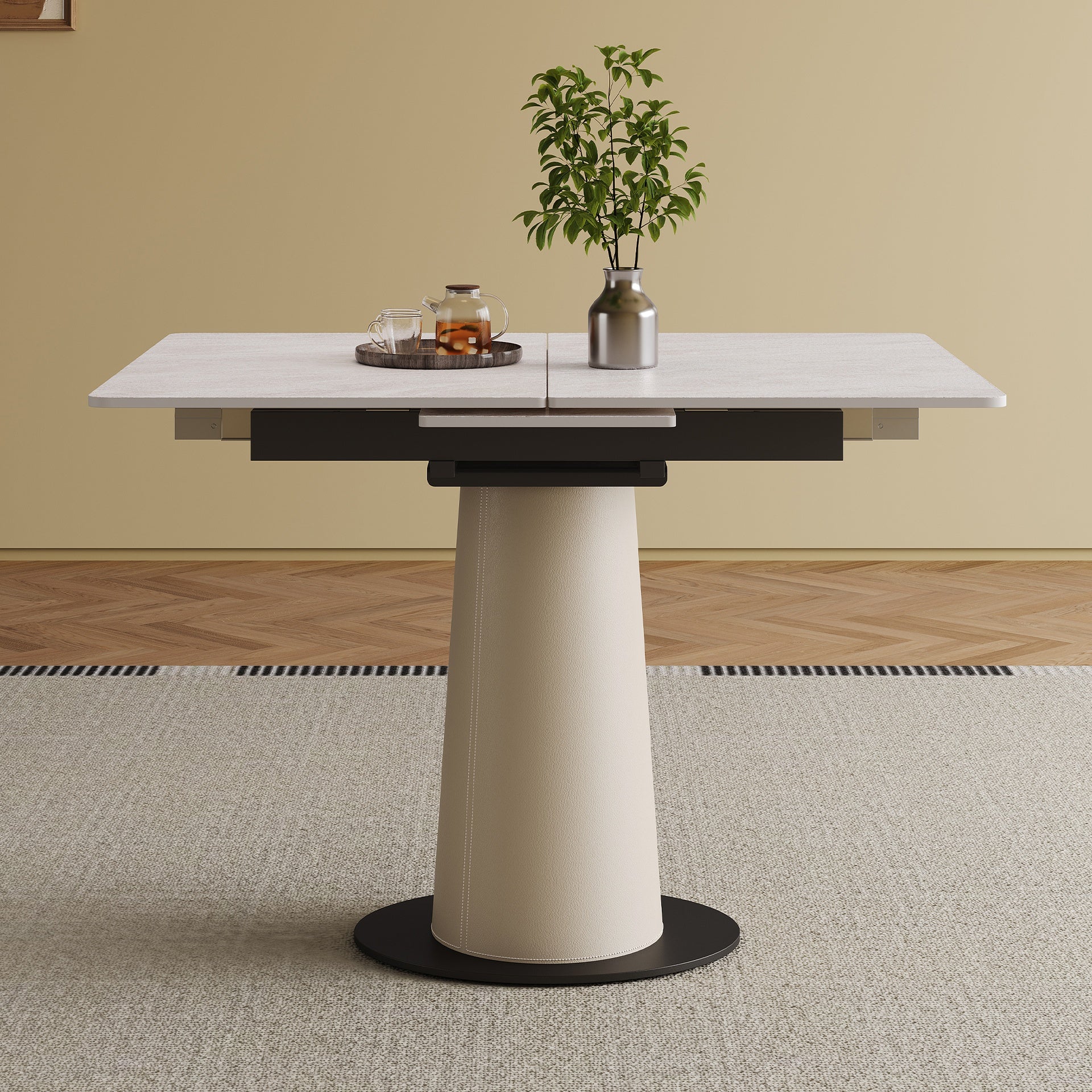 Retractable Rock Slab Folding Dining Table, Modern Square Expandable Table with Leather-Wrapped Stainless Steel Base, Dual-Purpose Space Saving Kitchen Table for Small Apartments