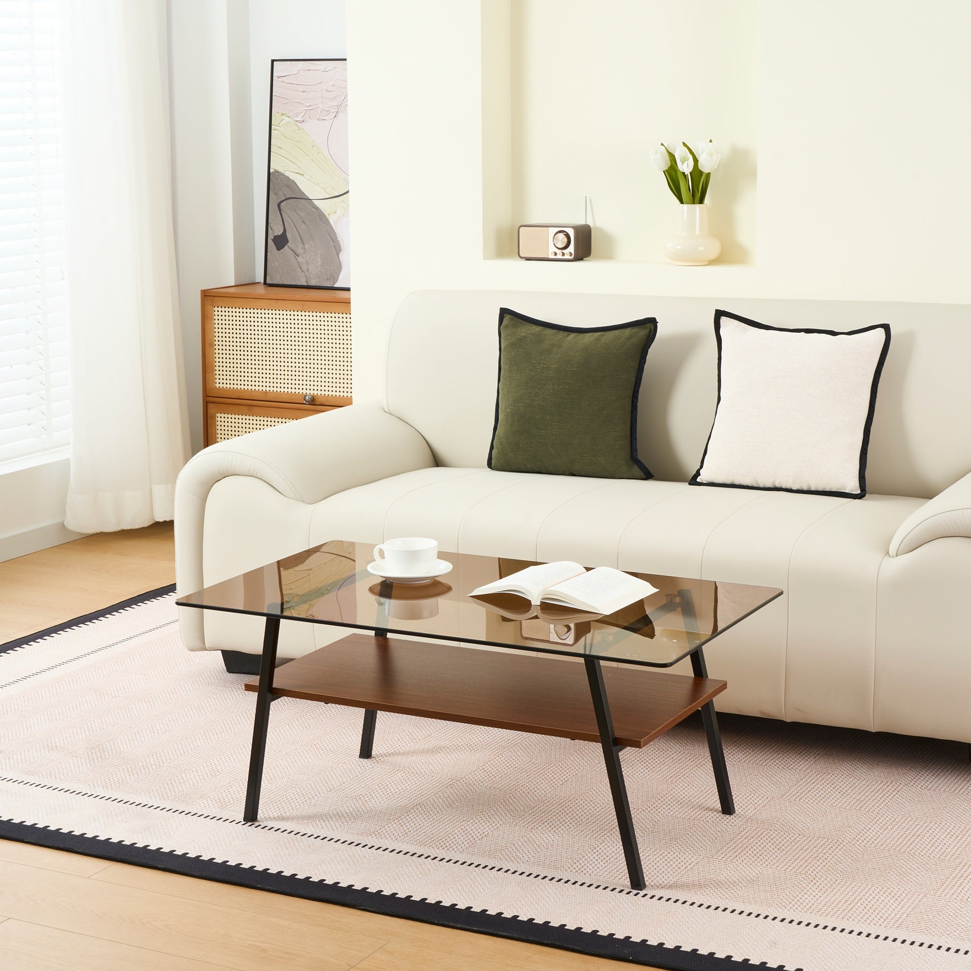 Rectangle Coffee Table, Tempered Glass Tabletop with Black Metal Legs, Modern Table for Living Room , Brown Glass