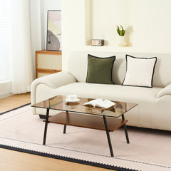 Rectangle Coffee Table, Tempered Glass Tabletop with Black Metal Legs, Modern Table for Living Room , Brown Glass