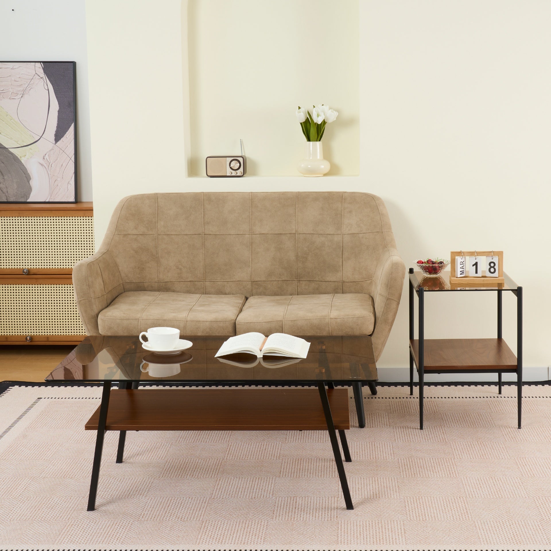 Rectangle Coffee Table, Tempered Glass Tabletop with Black Metal Legs, Modern Table for Living Room , Brown Glass