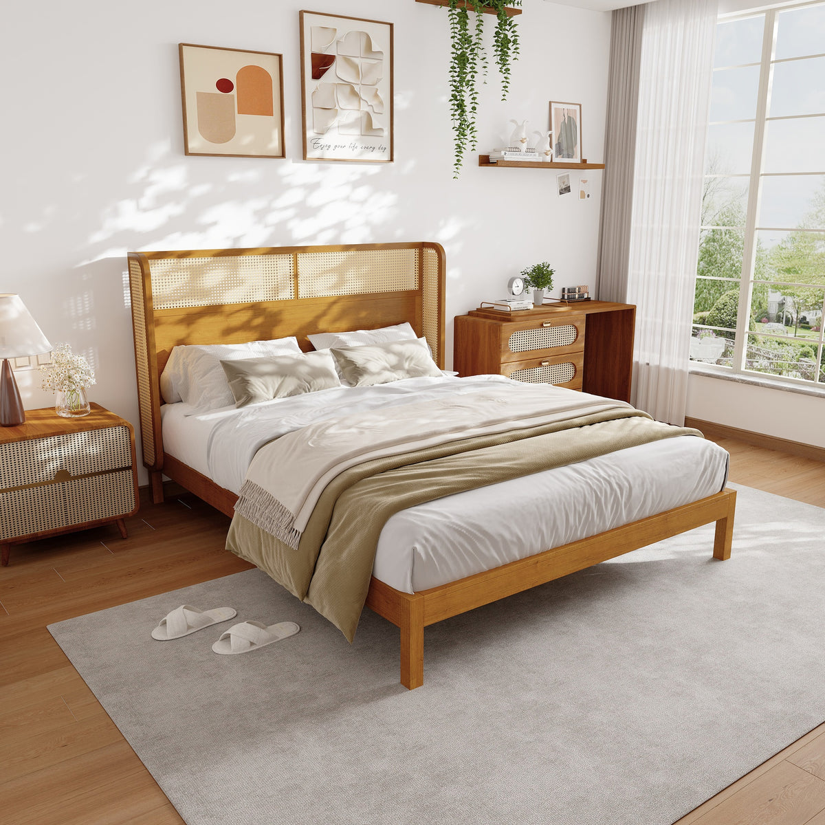 Premium Rubber Wood Platform Bed Frame, Queen Bed Frame with Headboard Included, Mid Century Modern Bed With Natural Color