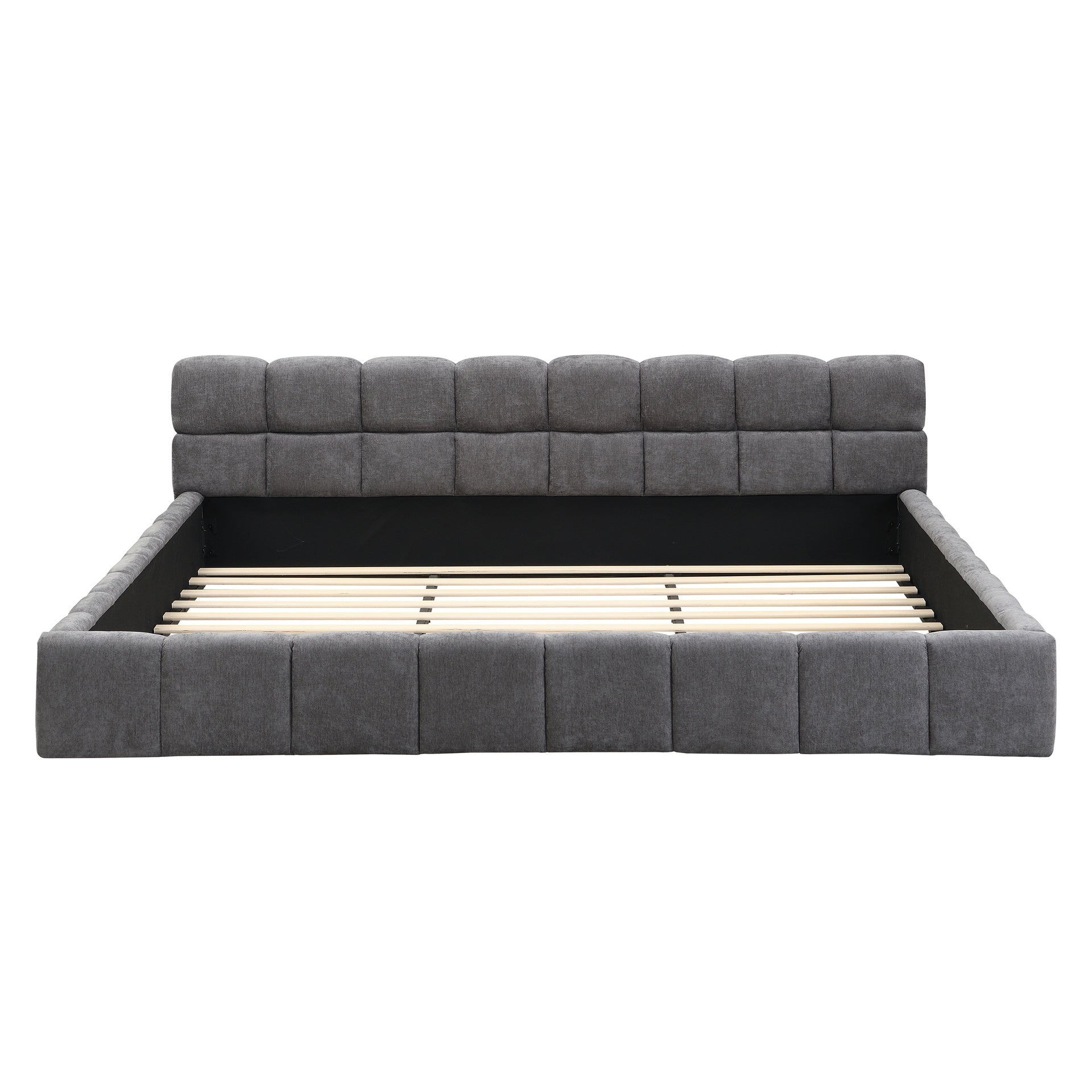 Elegant Beige Chenille Upholstered Bed with Checkerboard Design, King, Grey