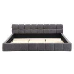 Elegant Beige Chenille Upholstered Bed with Checkerboard Design, King, Grey