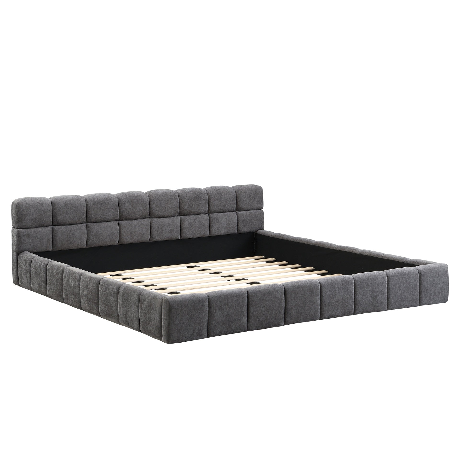 Elegant Beige Chenille Upholstered Bed with Checkerboard Design, King, Grey