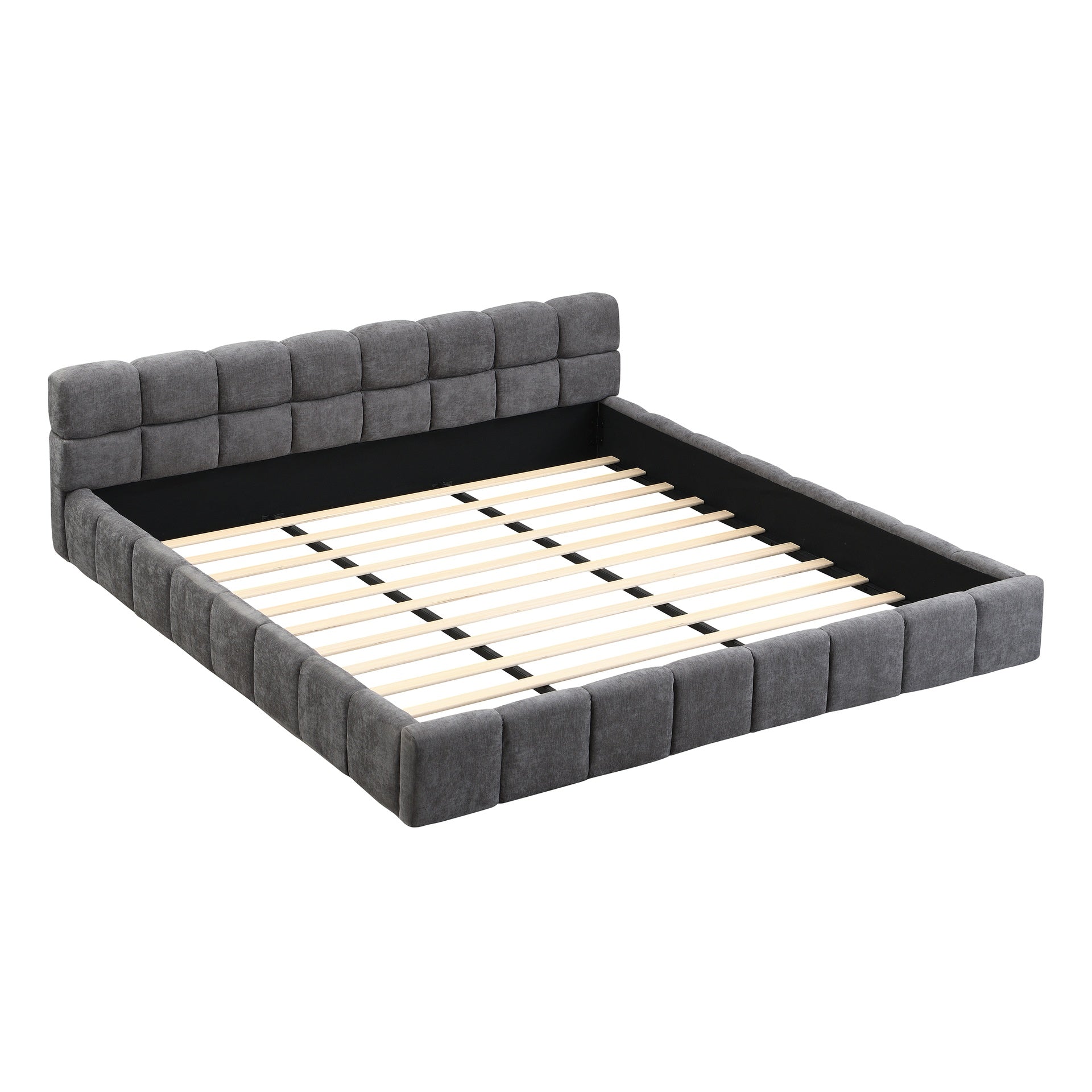 Elegant Beige Chenille Upholstered Bed with Checkerboard Design, King, Grey
