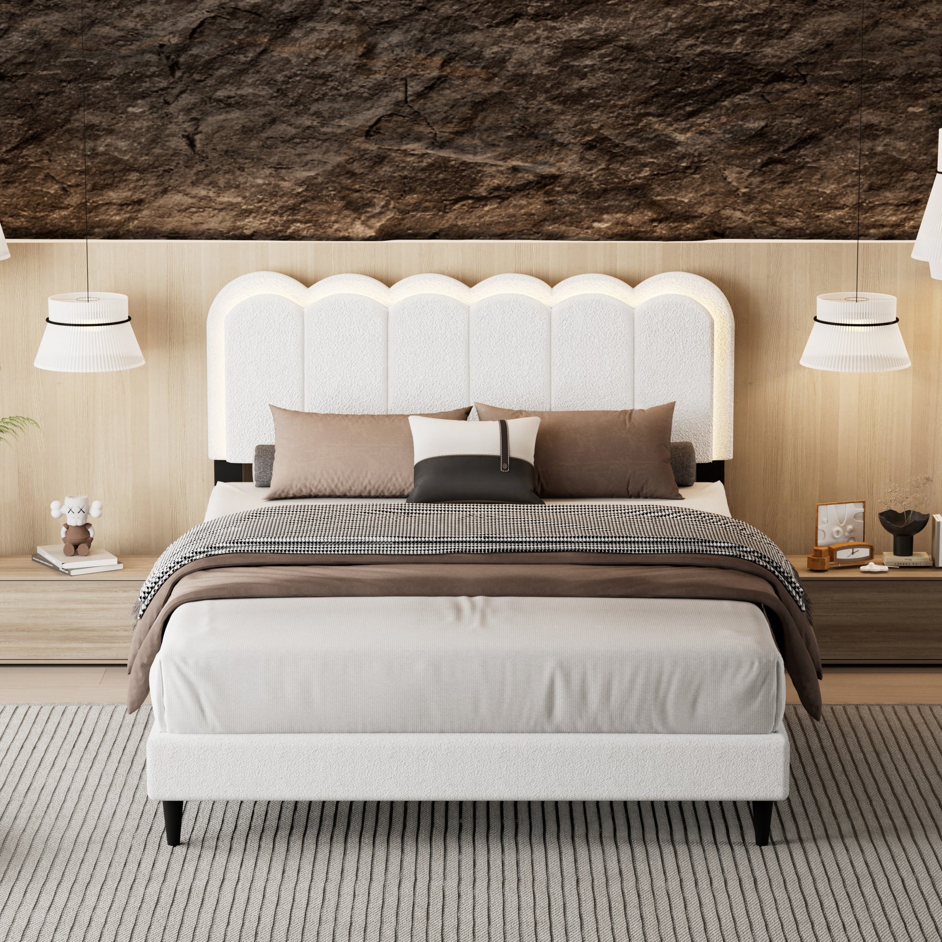 Lambswool Petal Headboard Bed Frame Cream Style Bedroom Soft Bed with Atmosphere Light, Full