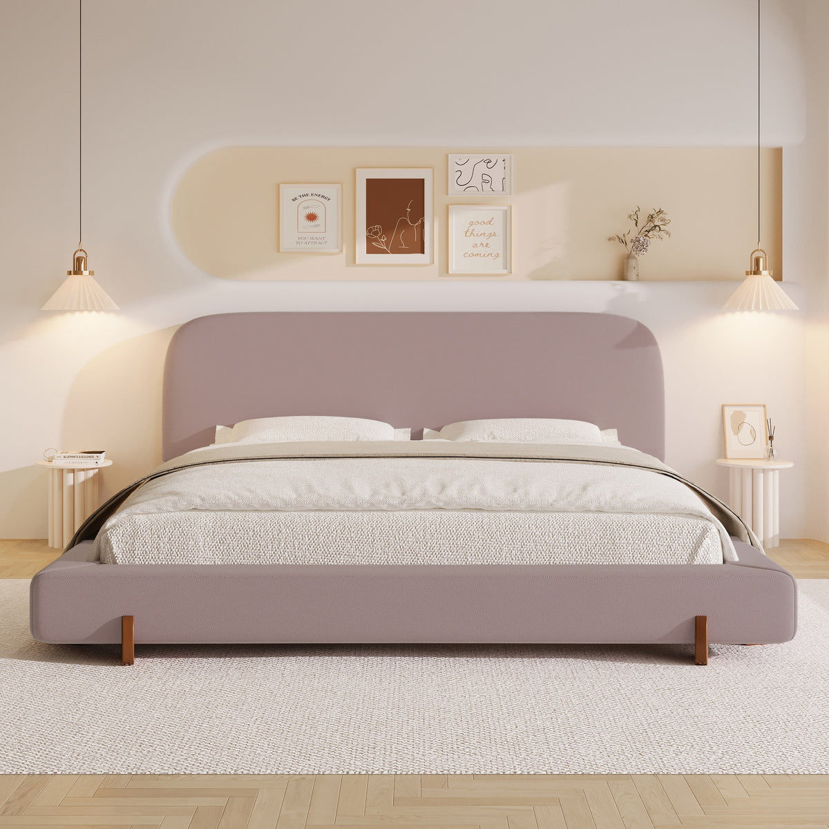Unique Design, Pink Velvet and Solid Wood Legs Upholstered Bed Frame, King