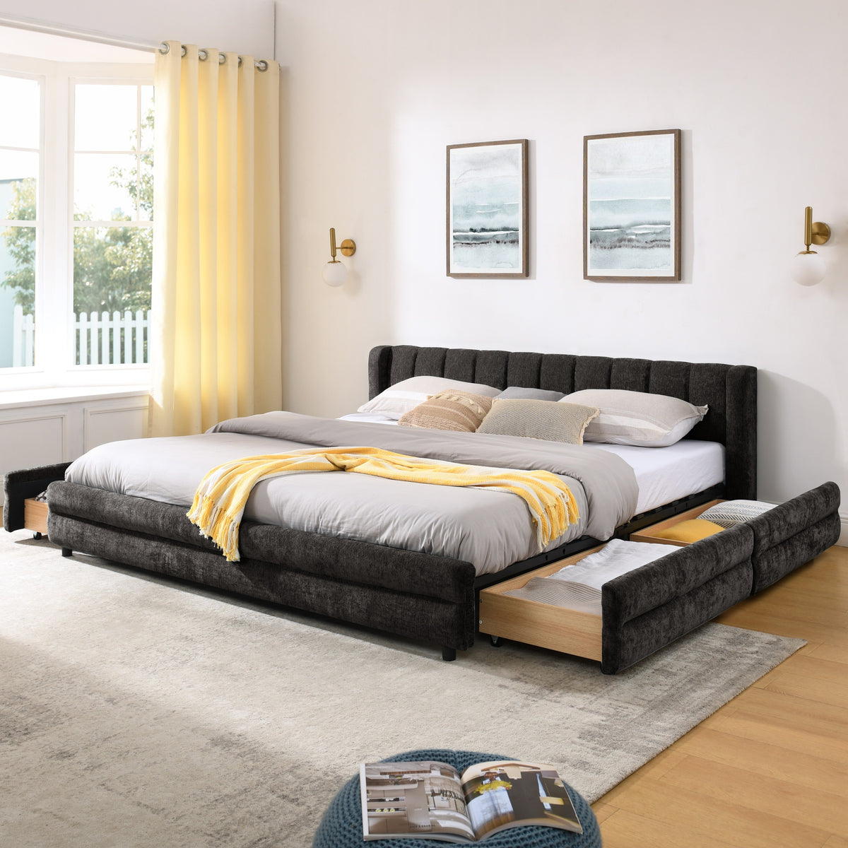 King Size Upholstered Bed Frame with Thick Fabric, comfortable upholstered bed frame, Chenille fabric, with headboard and solid bed frame. With drawer for storage-Dark Gray(86.5''*84''*29.5'')