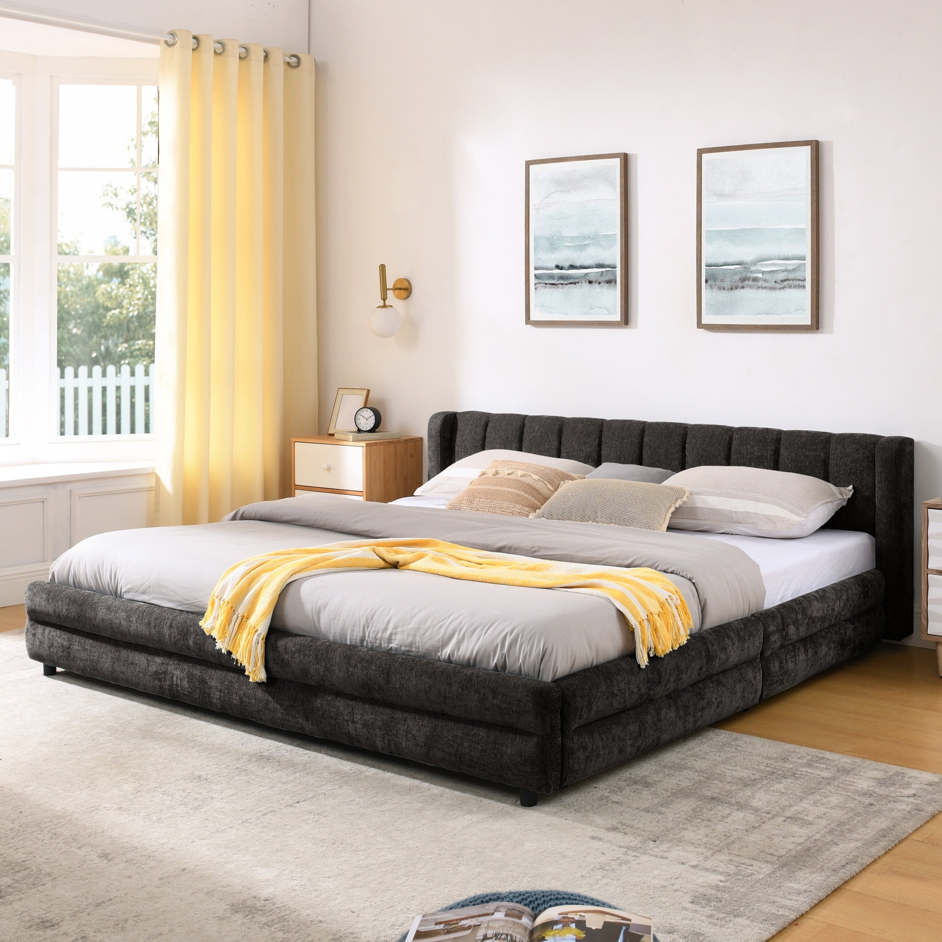 King Size Upholstered Bed Frame with Thick Fabric, comfortable upholstered bed frame, Chenille fabric, with headboard and solid bed frame. With drawer for storage-Dark Gray(86.5''*84''*29.5'')