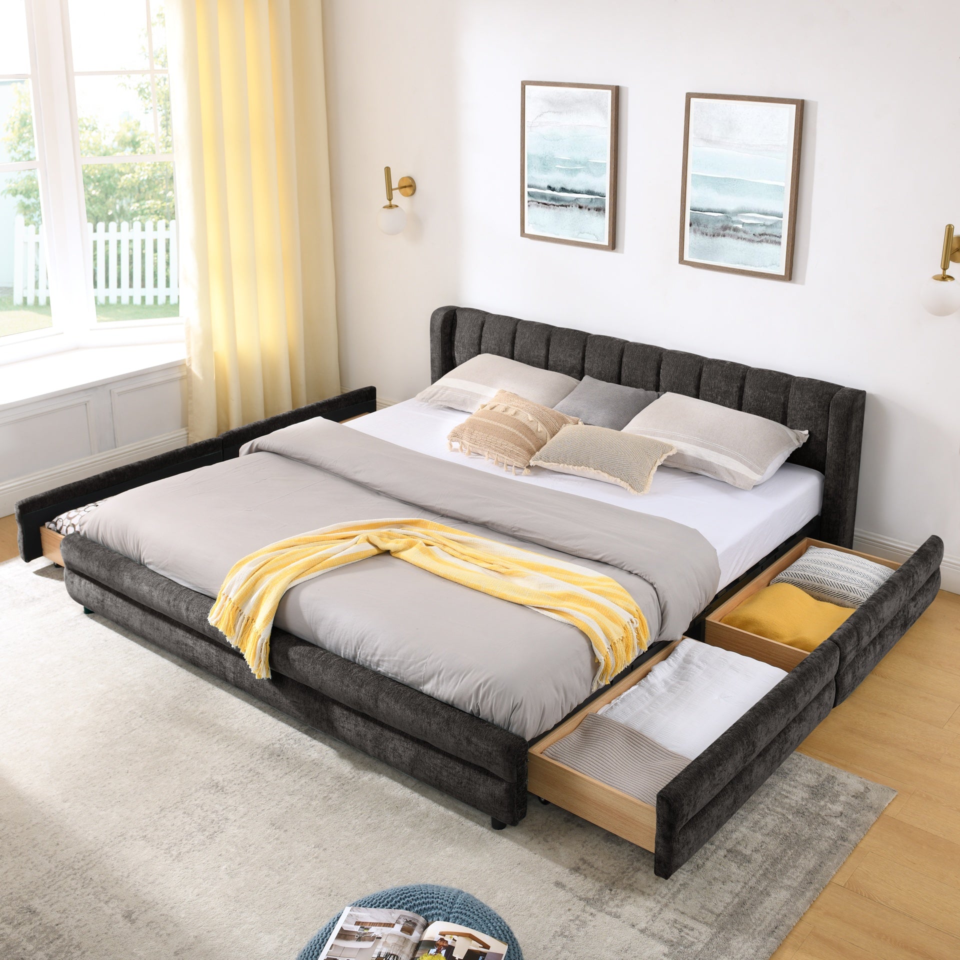 King Size Upholstered Bed Frame with Thick Fabric, comfortable upholstered bed frame, Chenille fabric, with headboard and solid bed frame. With drawer for storage-Dark Gray(86.5''*84''*29.5'')