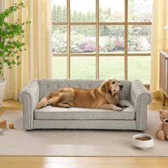 Elegant rectangular pet bed for big and oversized dogs, durable elevated dog sofa bed, comfortable dog sofa, modern and fashionable linen fabric dog sofa-Beige