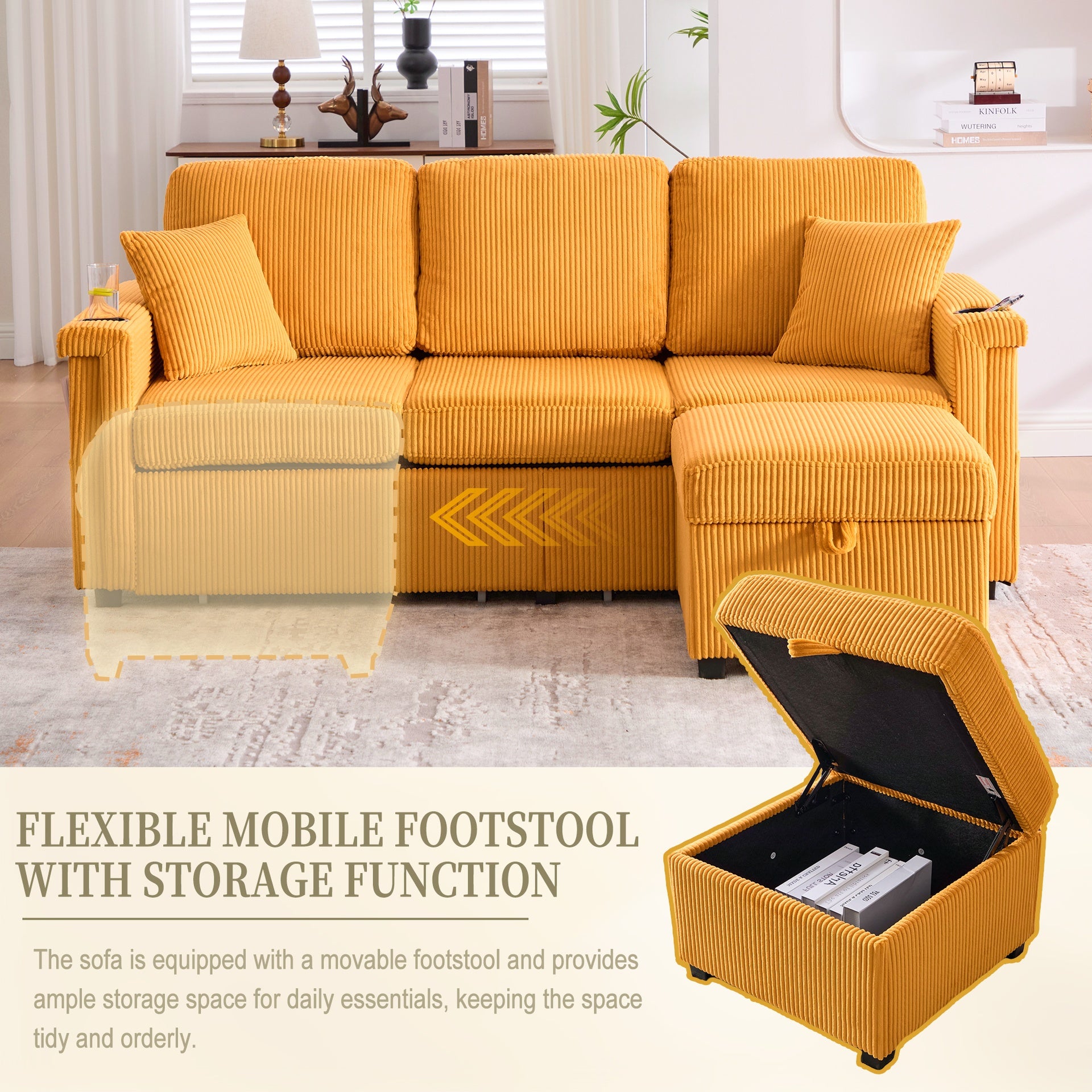 UNITED WE WIN L-Shaped Sectional Sofa with Pull-Out Storage,Ottoman & Pillows 3-Seat with USB Charging,Cup Holder, Convertible Design for Living Room, Apartment, Corduroy Fabric