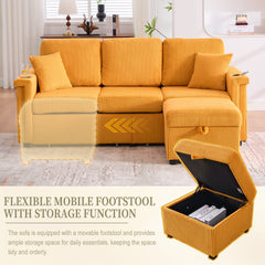 UNITED WE WIN L-Shaped Sectional Sofa with Pull-Out Storage,Ottoman & Pillows 3-Seat with USB Charging,Cup Holder, Convertible Design for Living Room, Apartment, Corduroy Fabric
