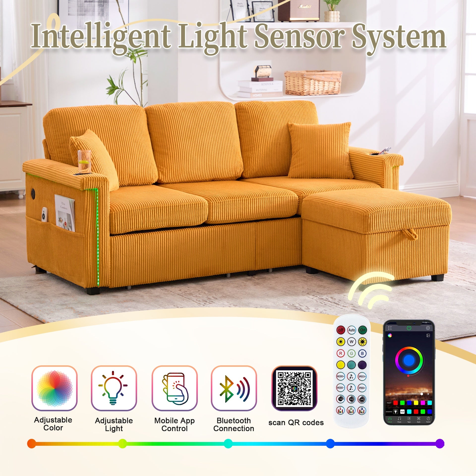 UNITED WE WIN L-Shaped Sectional Sofa with Pull-Out Storage,Ottoman & Pillows 3-Seat with USB Charging,Cup Holder, Convertible Design for Living Room, Apartment, Corduroy Fabric
