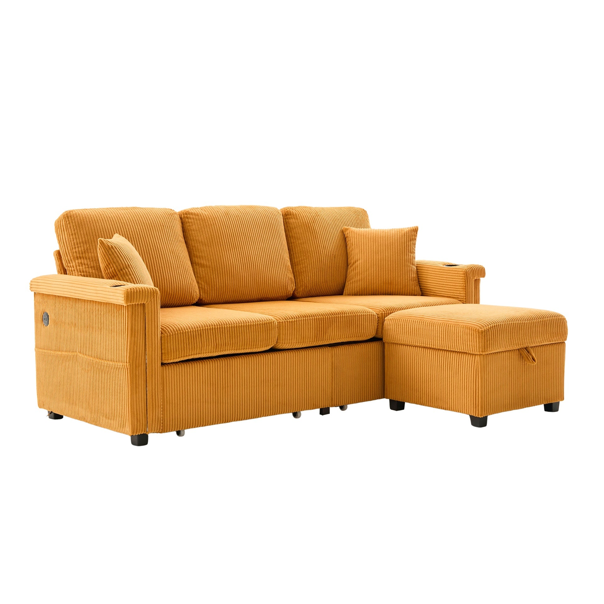 UNITED WE WIN L-Shaped Sectional Sofa with Pull-Out Storage,Ottoman & Pillows 3-Seat with USB Charging,Cup Holder, Convertible Design for Living Room, Apartment, Corduroy Fabric