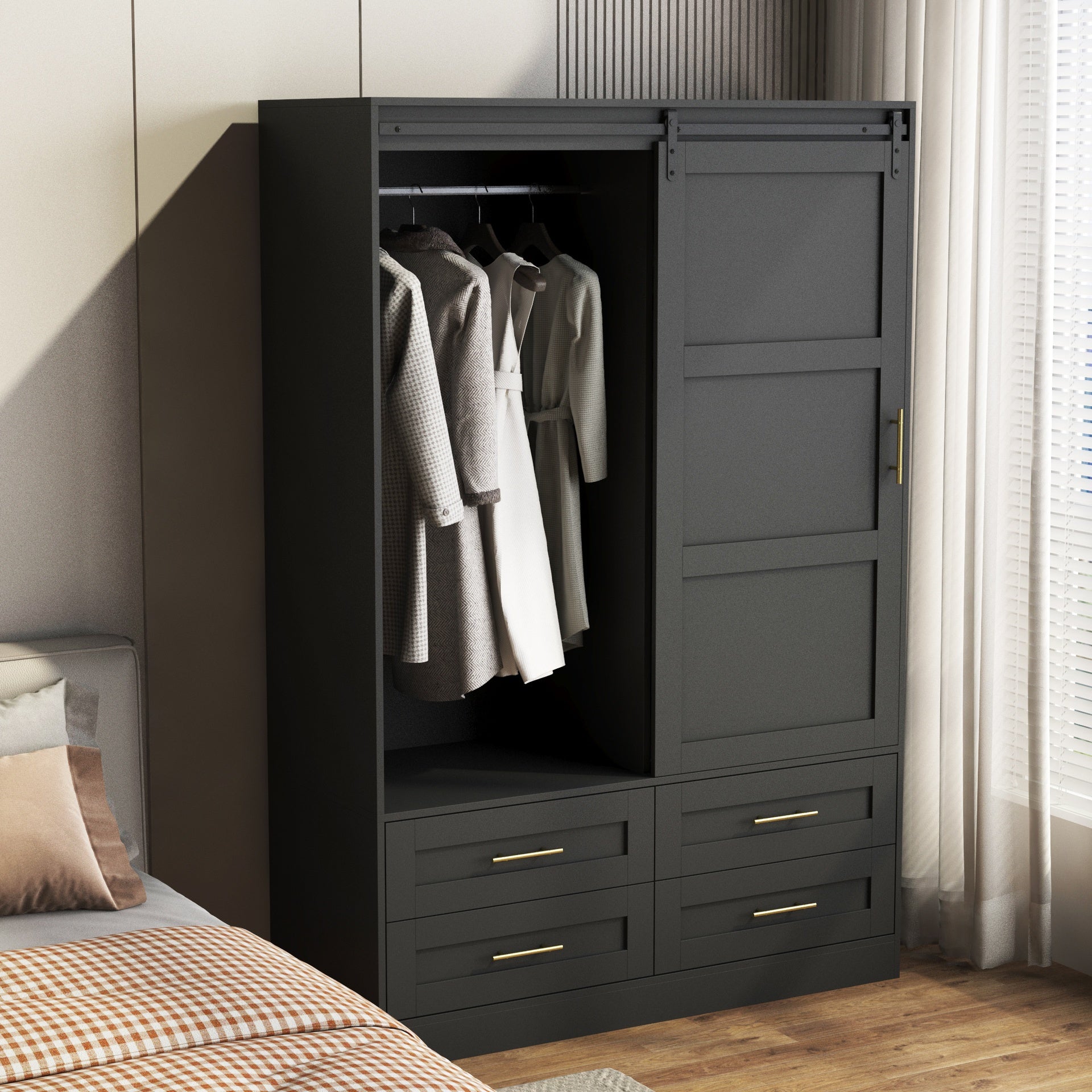 Tall Bedroom Armoire Wardrobe Closet Clothing Storage Cabinet with Hanging Rod Barn Door Drawers Open Shelves